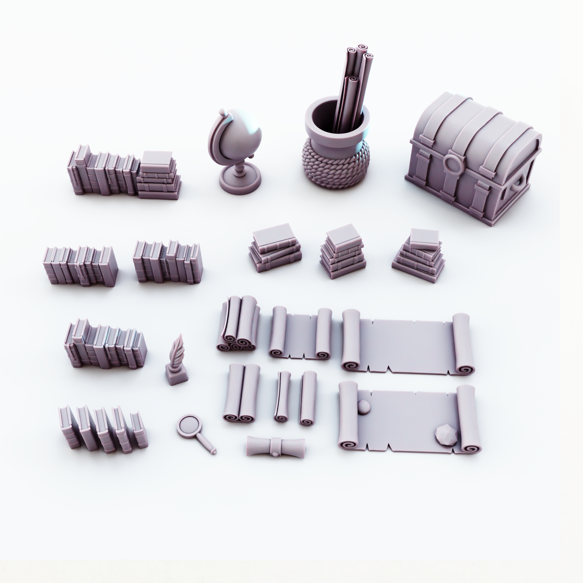 Study & Office Scatter | Scrolls, Books, Globe & Other Greebles.