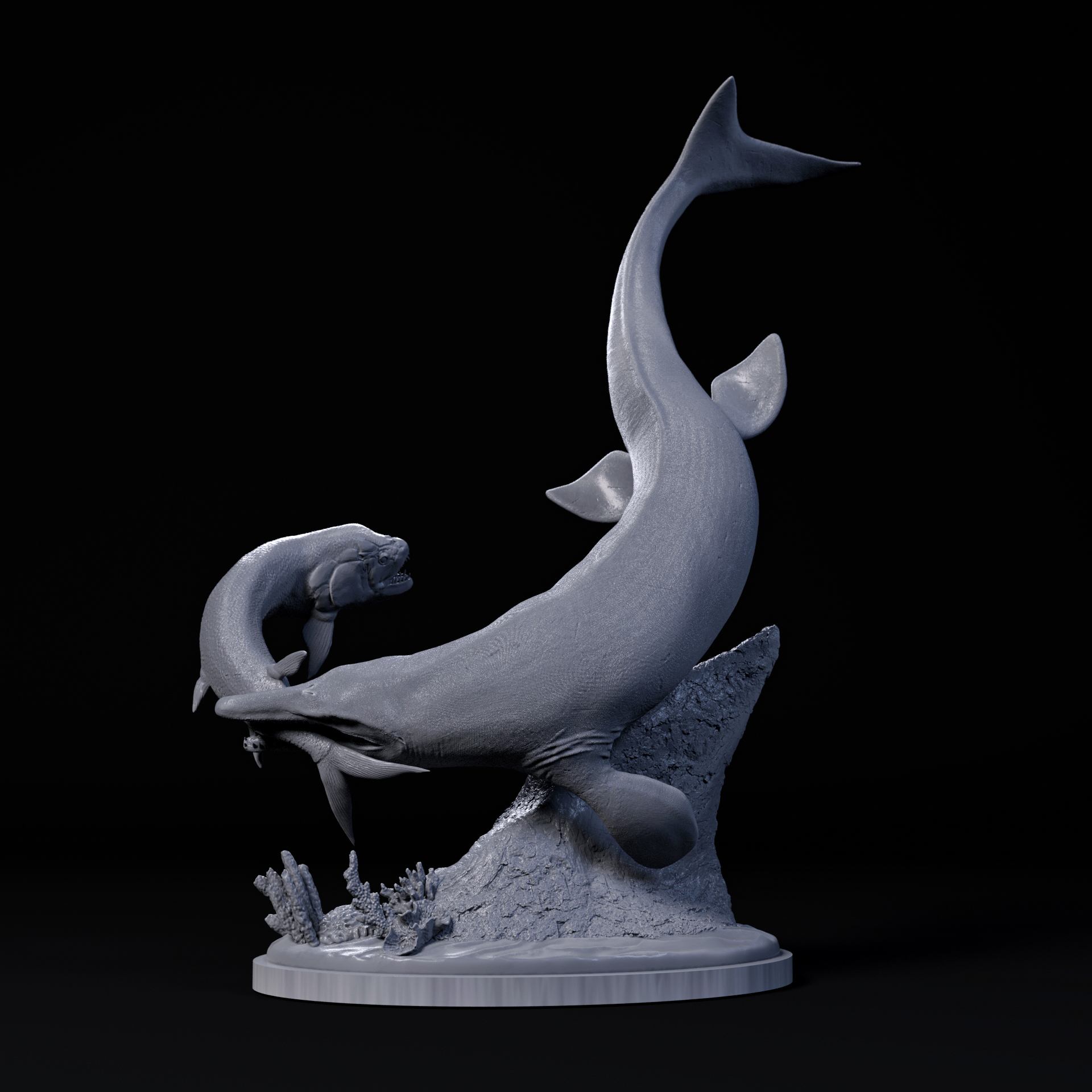 Tylosaurus hunting Xiphactinus 1-35 scale pre-supported marine reptile