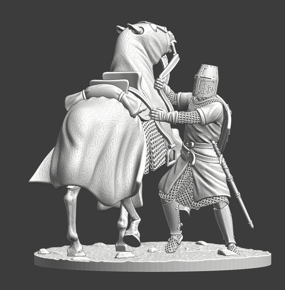 Medieval knight trying to calm his horse