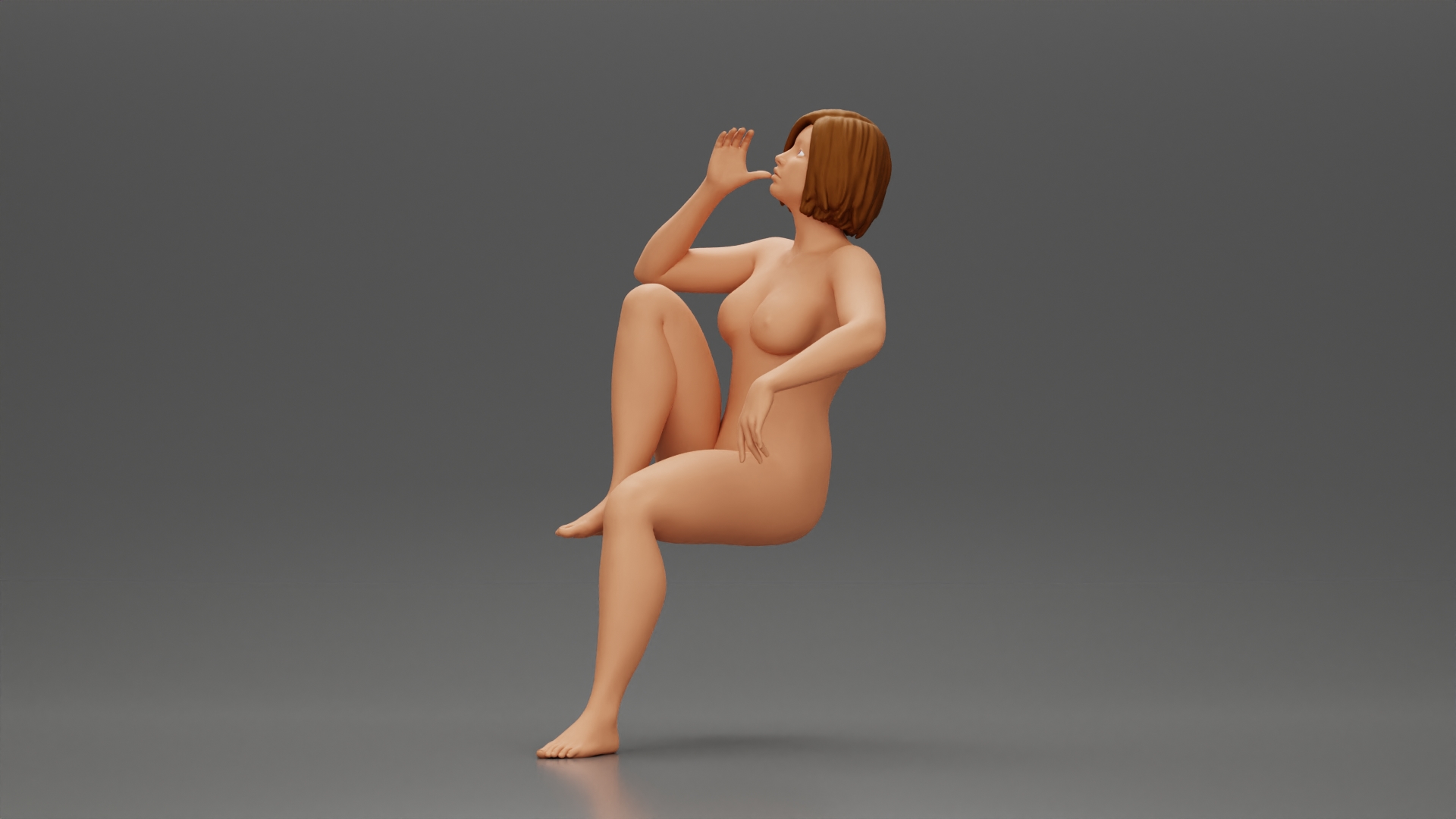 naked woman sitting on a chair hugging her pulled-up leg while drinking