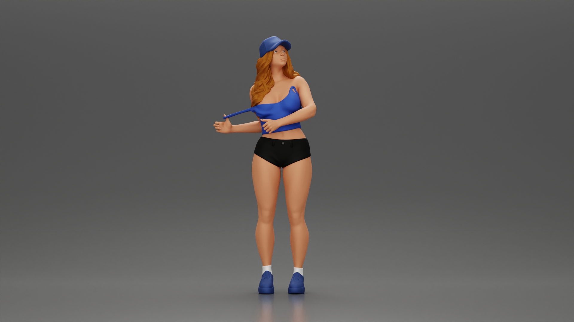 sexy girl standing in shorts and cap pulling off her bra