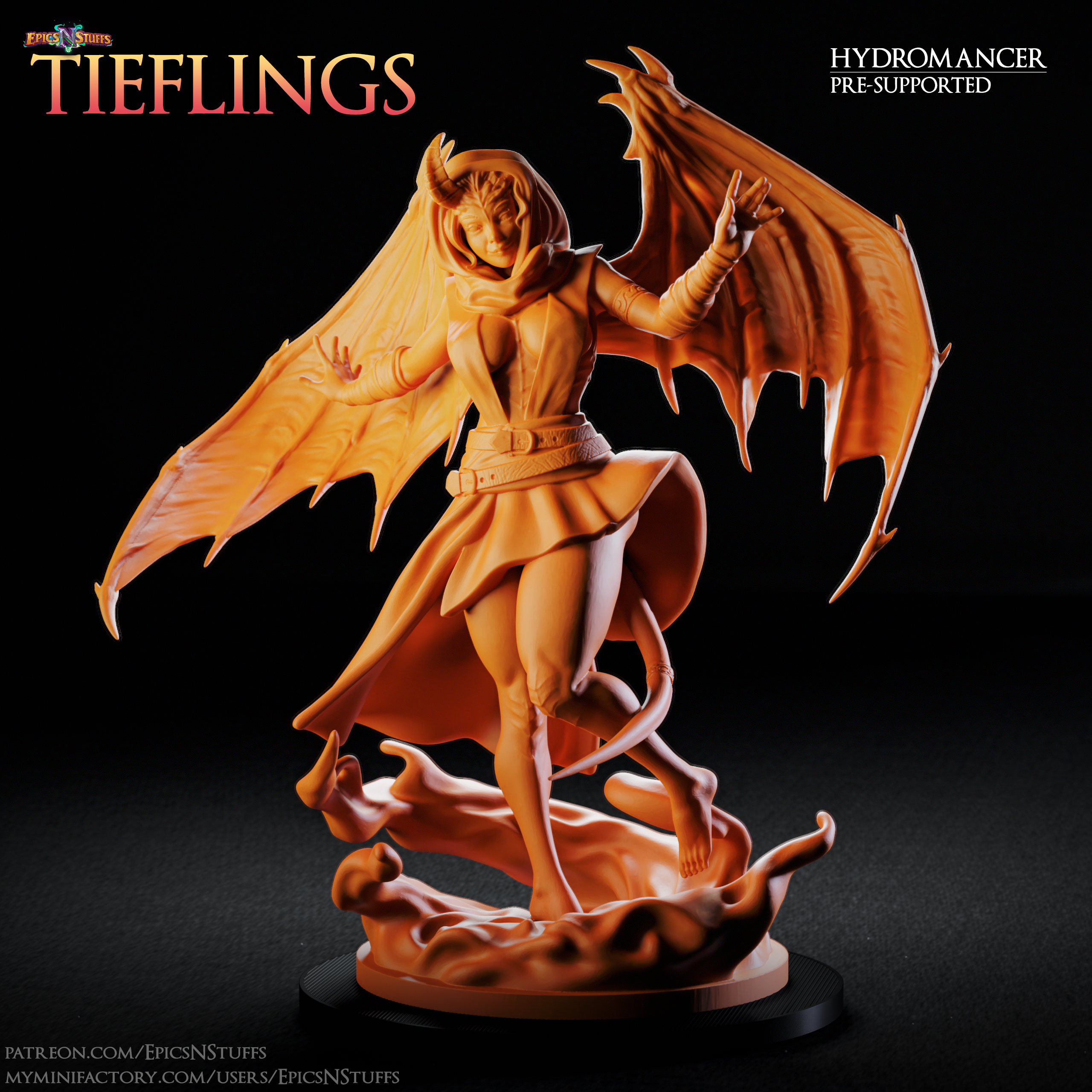 Winged Tiefling Hydromancer Miniature - Pre-Supported