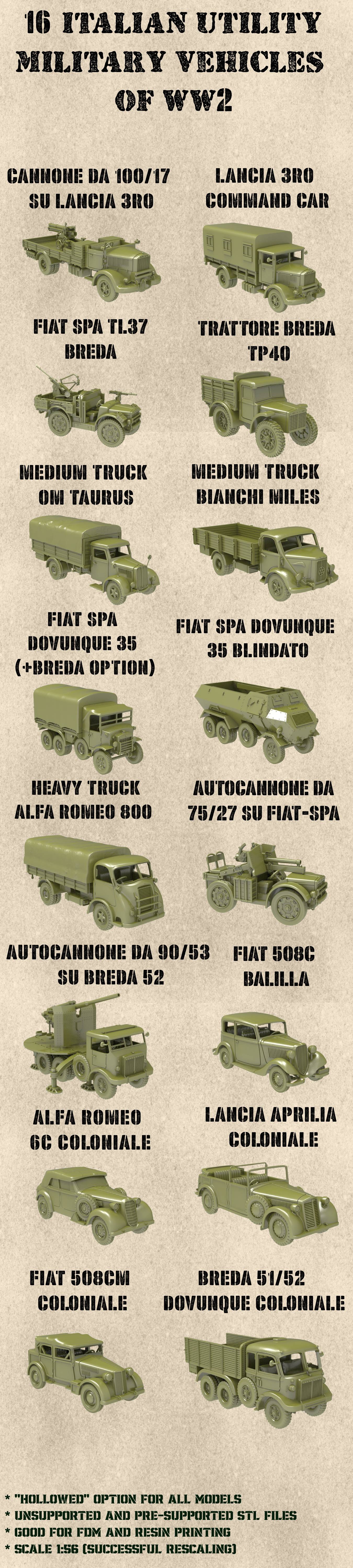STL PACK - 16 ITALIAN Military Utility vehicles of WW2 (1:56, 28mm) - PERSONAL USE