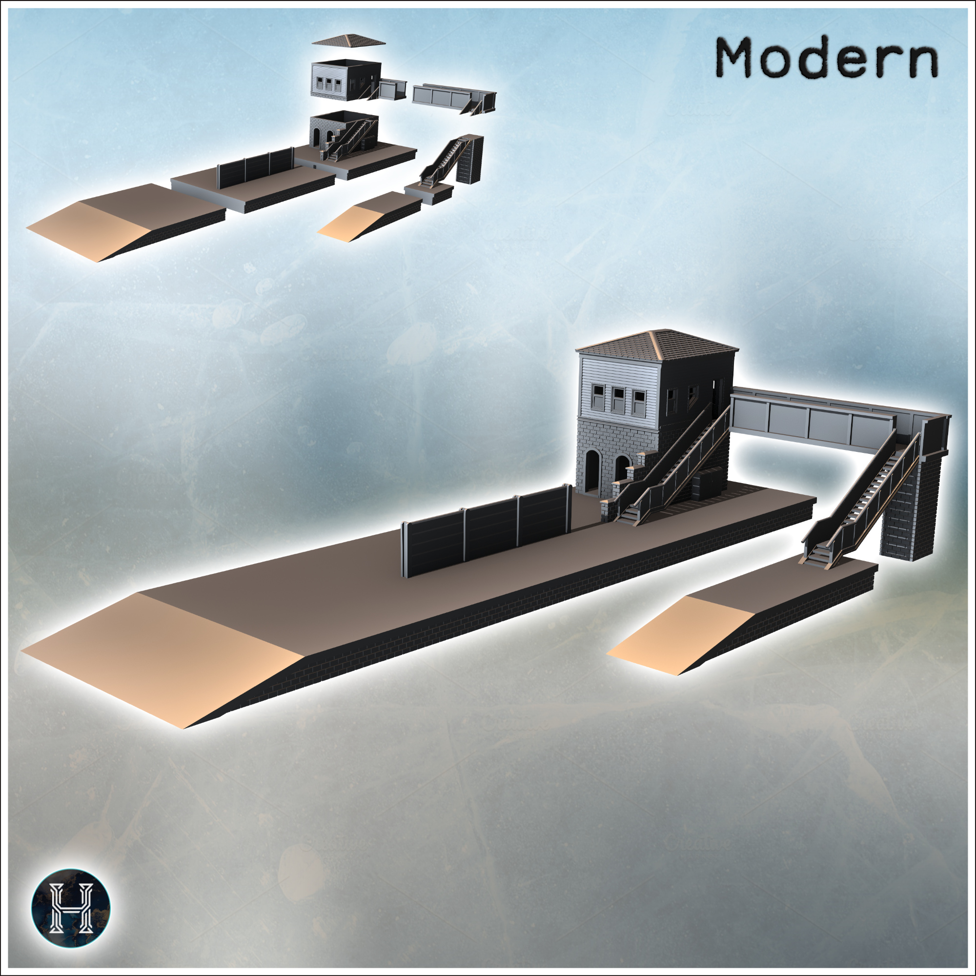 Railway station with platforms for trains and elevated walkway for pedestrians (5) - Modern WW2 WW1 World War Diaroma Wargaming RPG Mini Hobby
