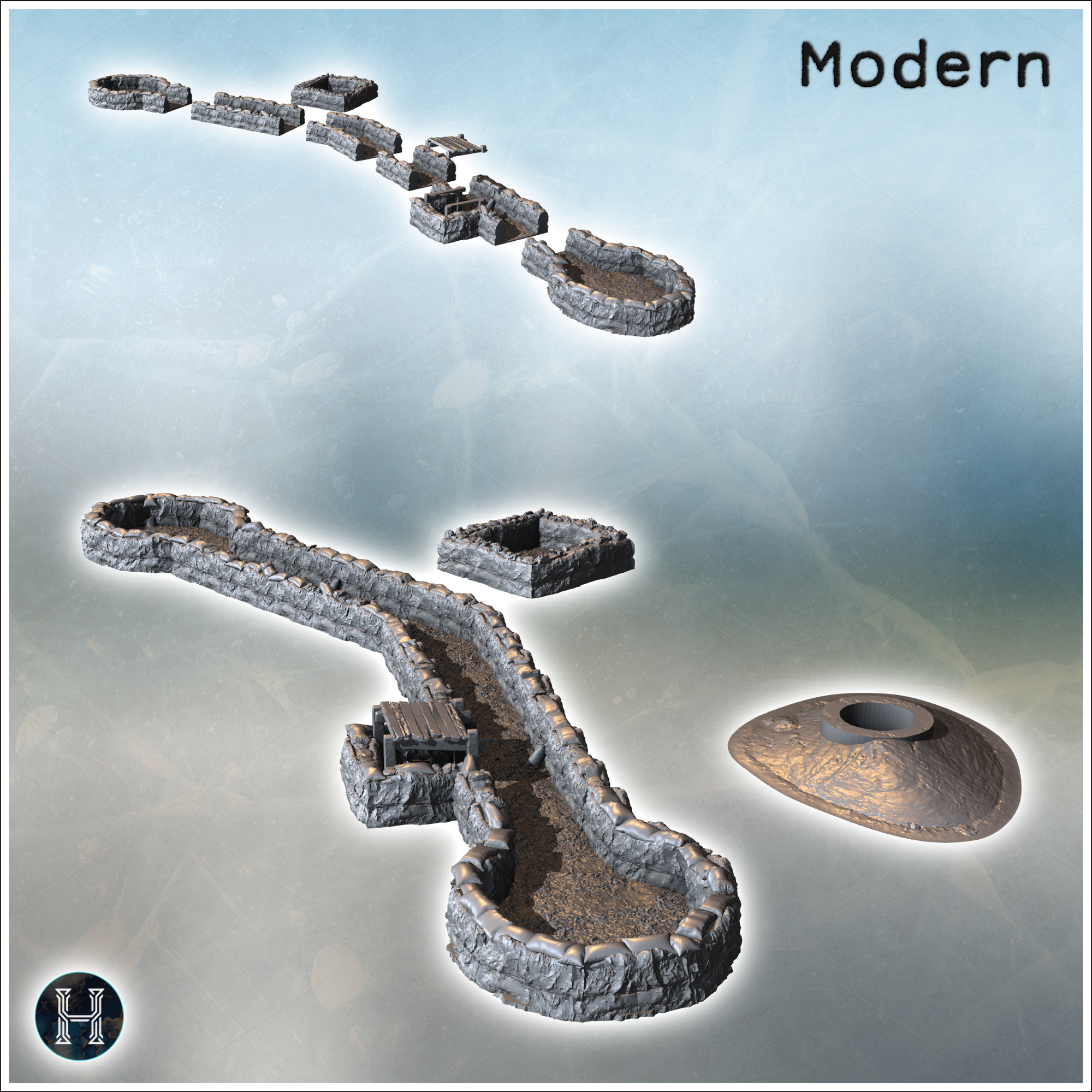 Set of modern trenches with wooden casemate and machine gun position (7) - Modern WW2 WW1 World War Diaroma Wargaming RPG Mini Hobby