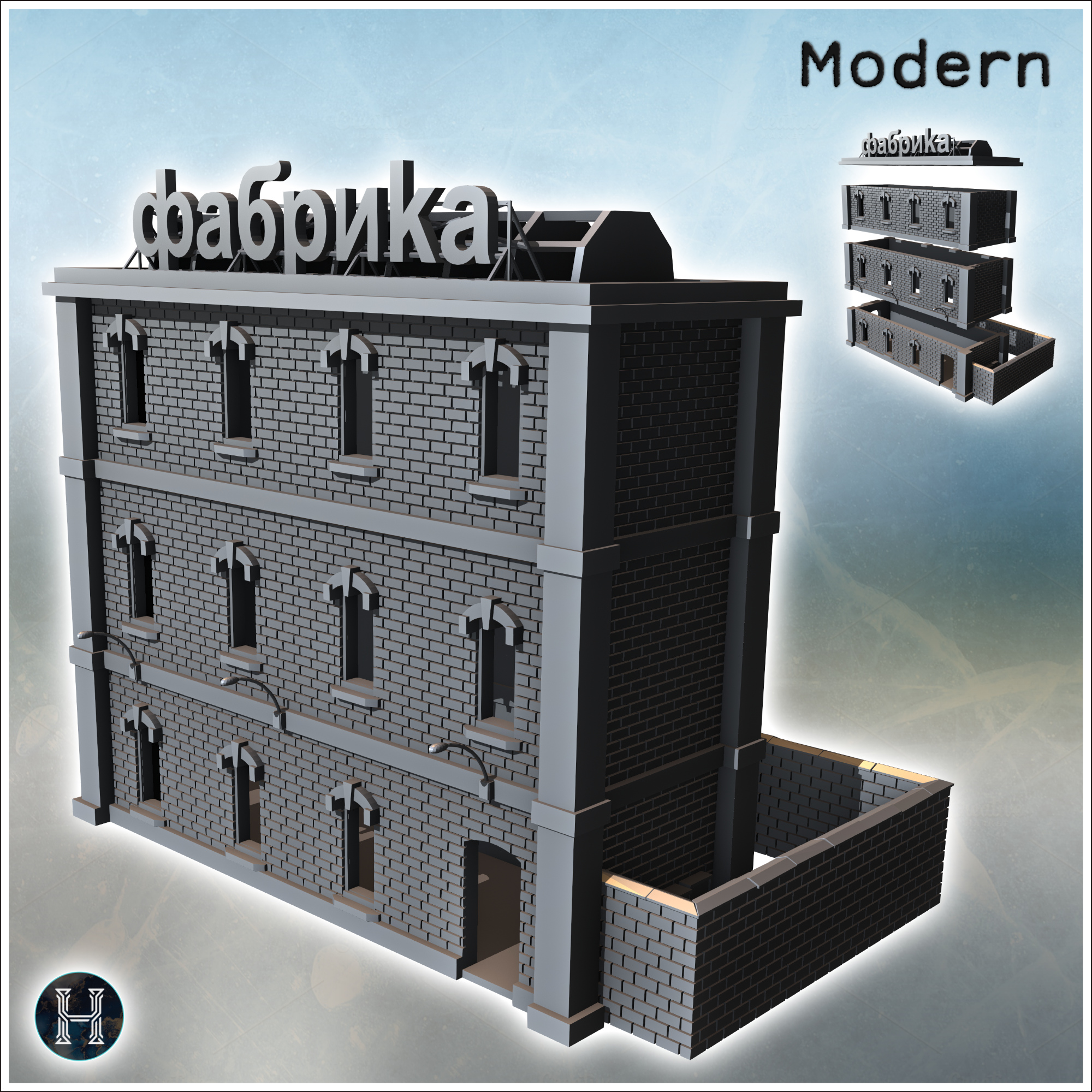 Russian brick factory with floors, annex wall, and flat roof (2) - Modern WW2 WW1 World War Diaroma Wargaming RPG Mini Hobby