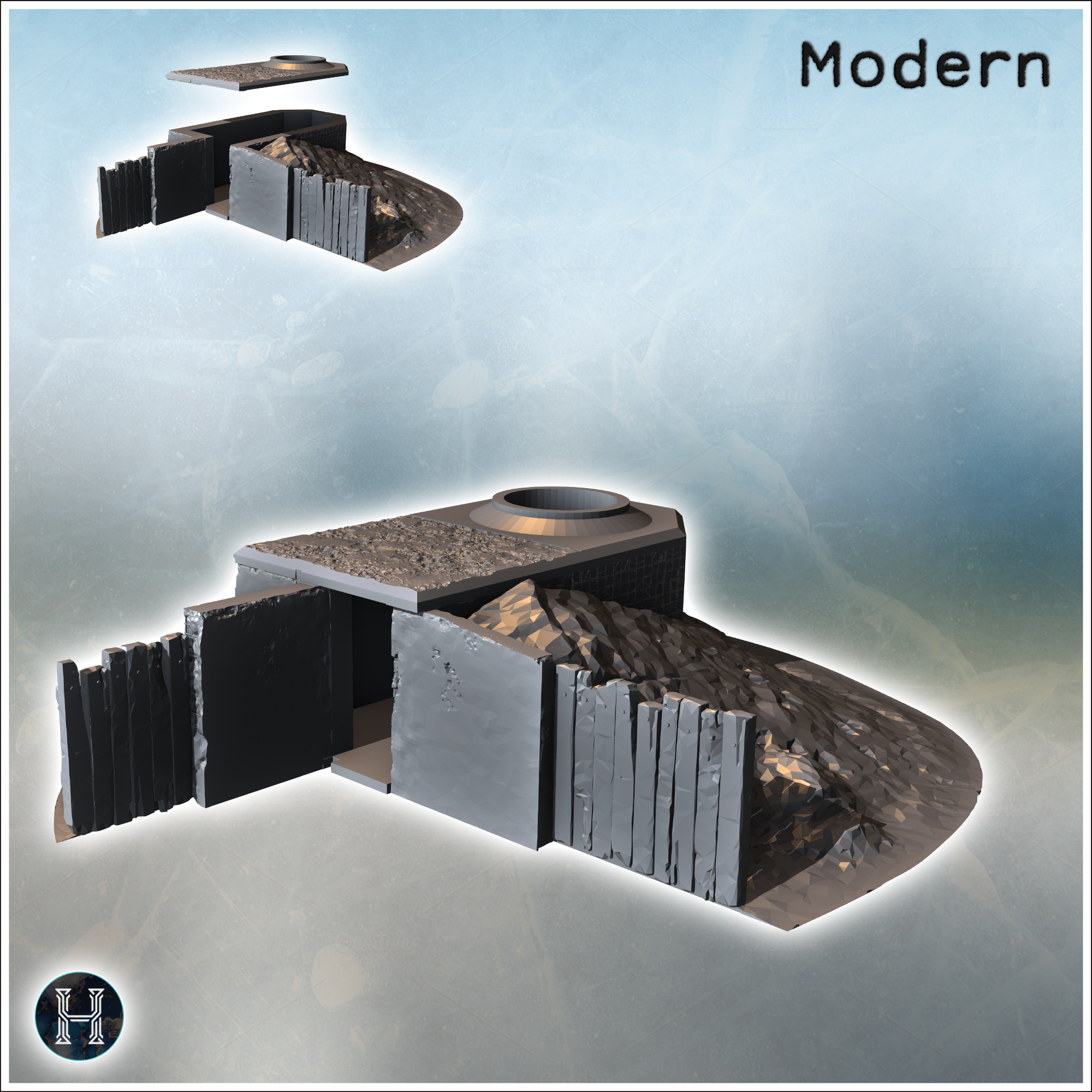 Protection bunker with earth mound and wooden wall (4) - Modern WW2 WW1 World War Diaroma Wargaming RPG Mini Hobby