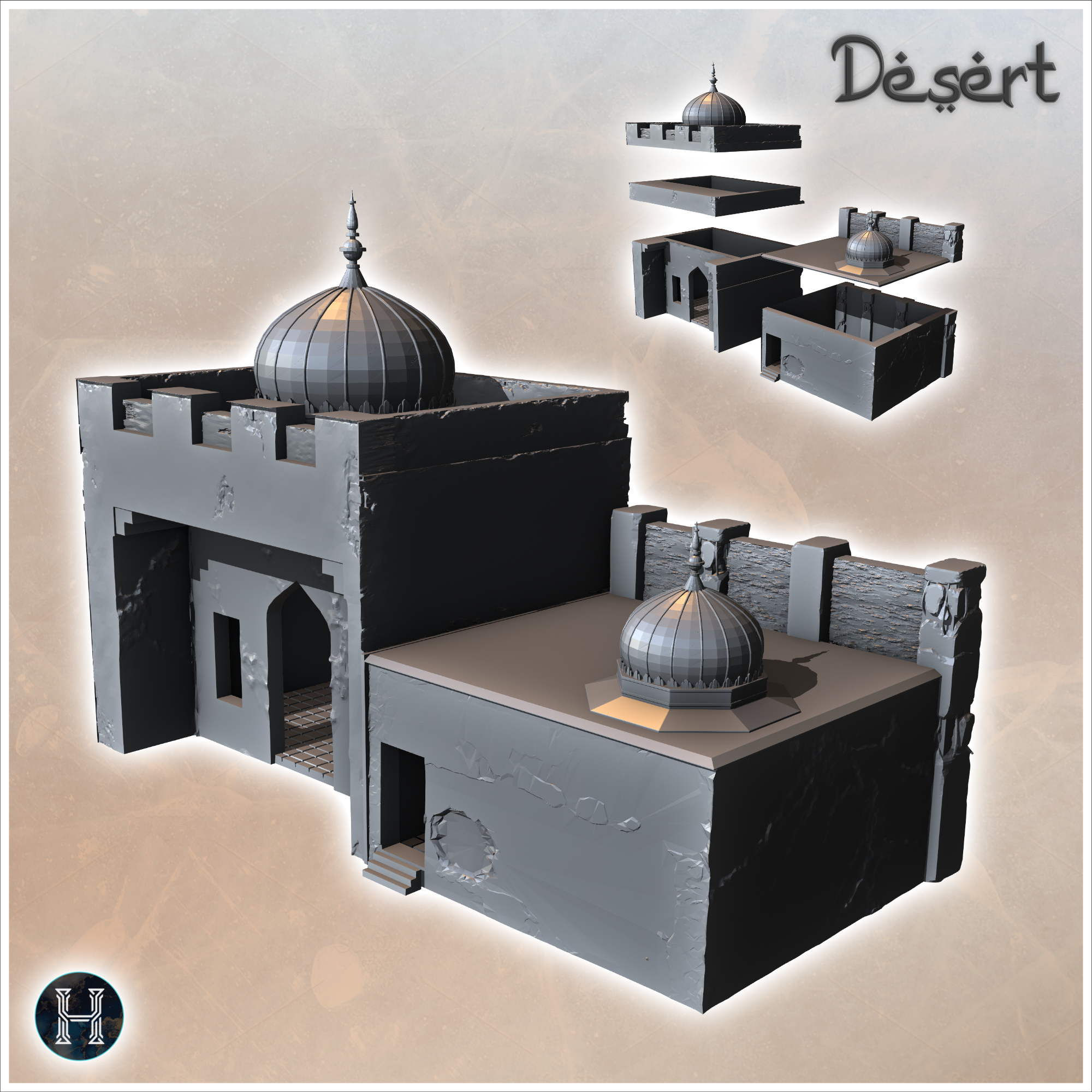 Eastern building with double domains, flat roofs, and battlement walls (5) - Canyon Sandy Landscape 28mm 15mm RPG DND Nomad Desertland African Middle East