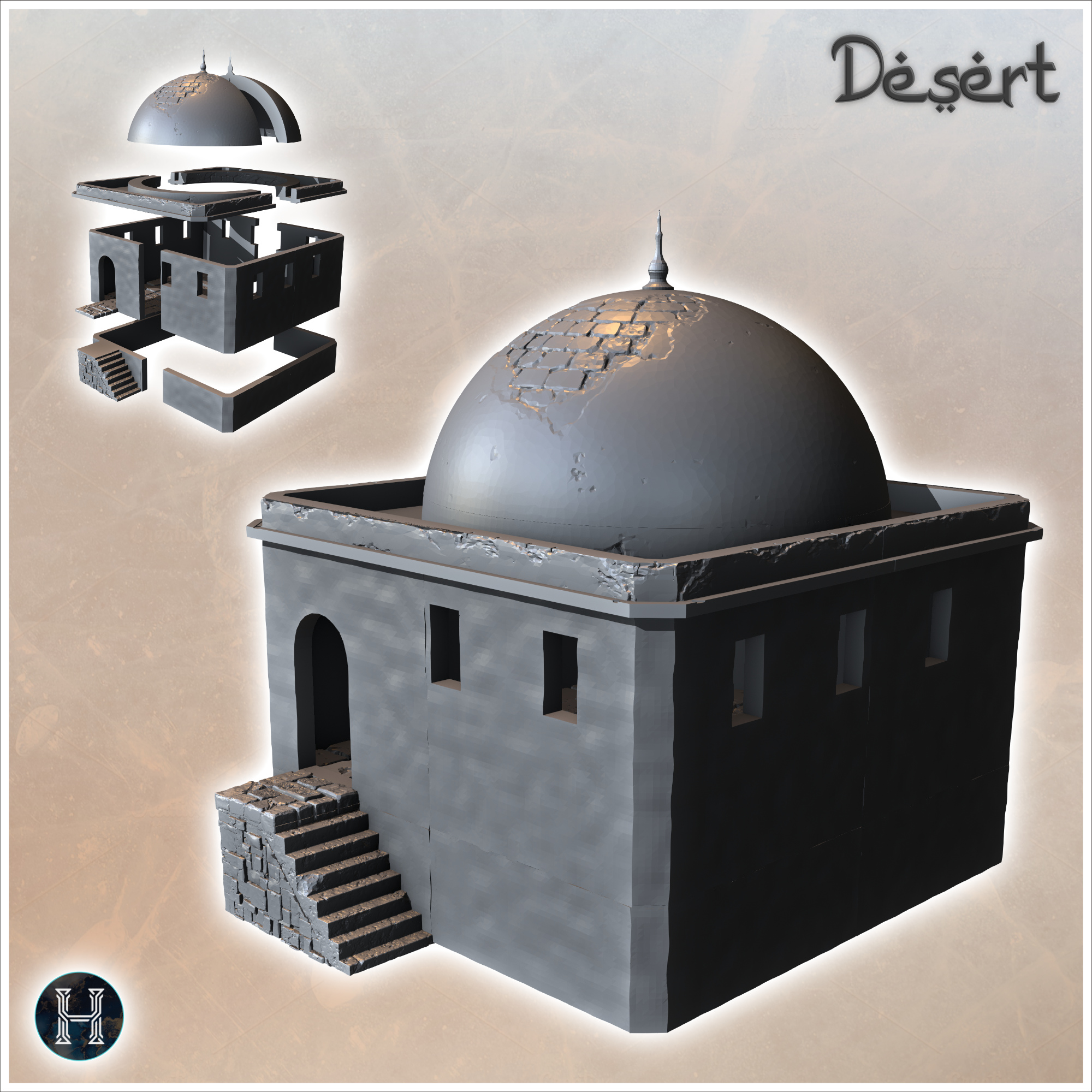 Square Eastern building with access stairs and large damaged dome (11) - Canyon Sandy Landscape 28mm 15mm RPG DND Nomad Desertland African Middle East