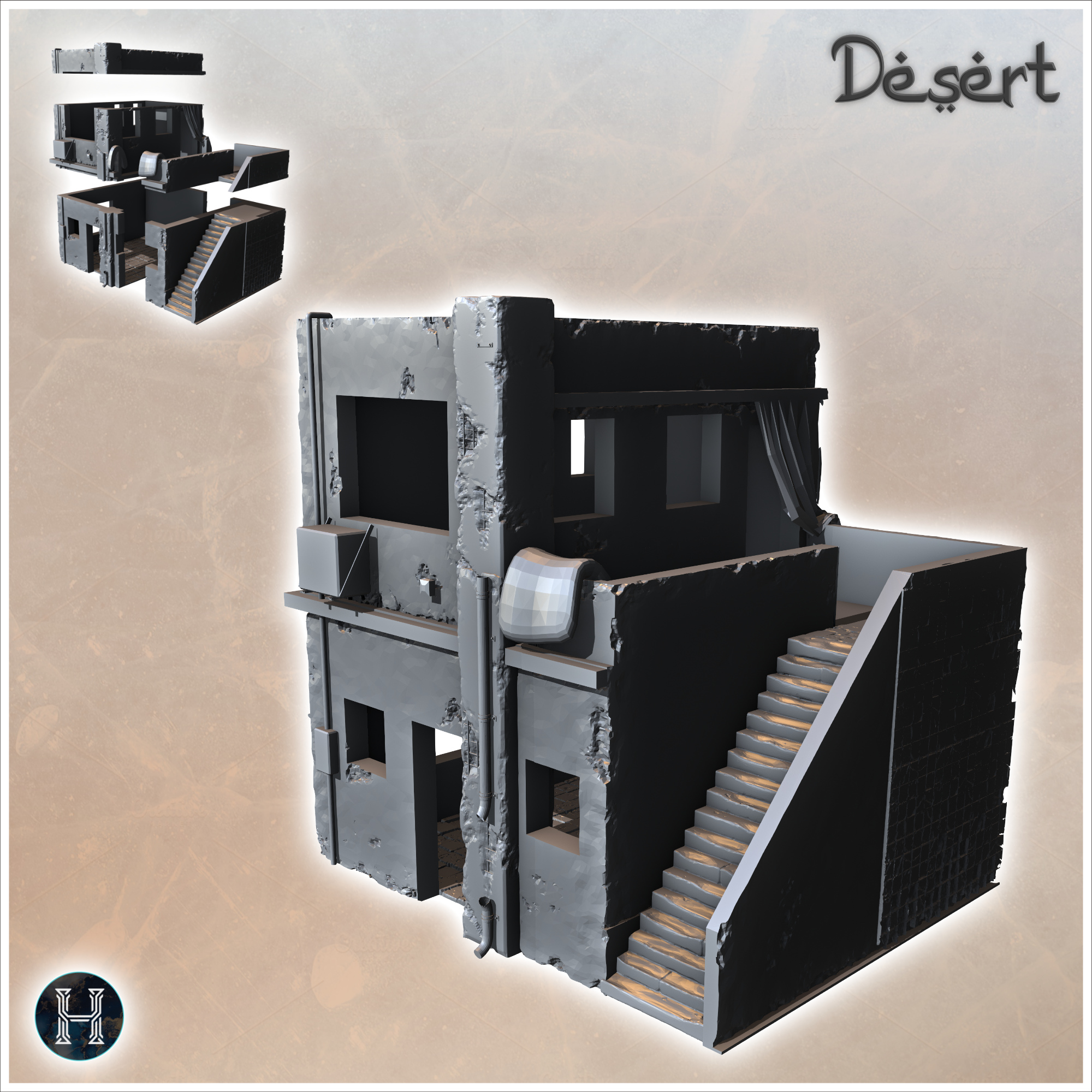 Modern flat-roofed desert building with side stairs and door curtain (13) - Canyon Sandy Landscape 28mm 15mm RPG DND Nomad Desertland African Middle East