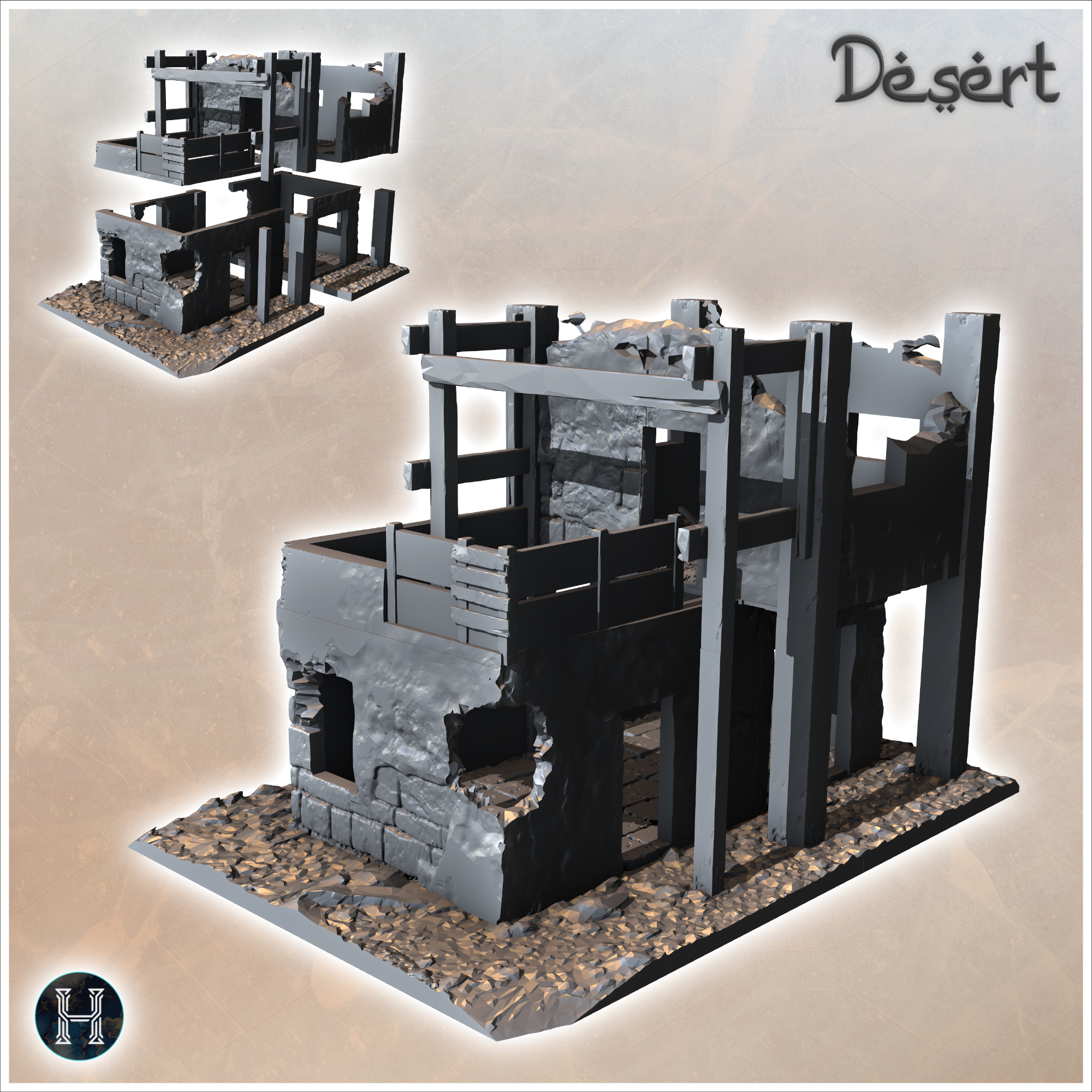 Ruined desert building with wooden frame and upstairs terrace (15) - Canyon Sandy Landscape 28mm 15mm RPG DND Nomad Desertland African Middle East