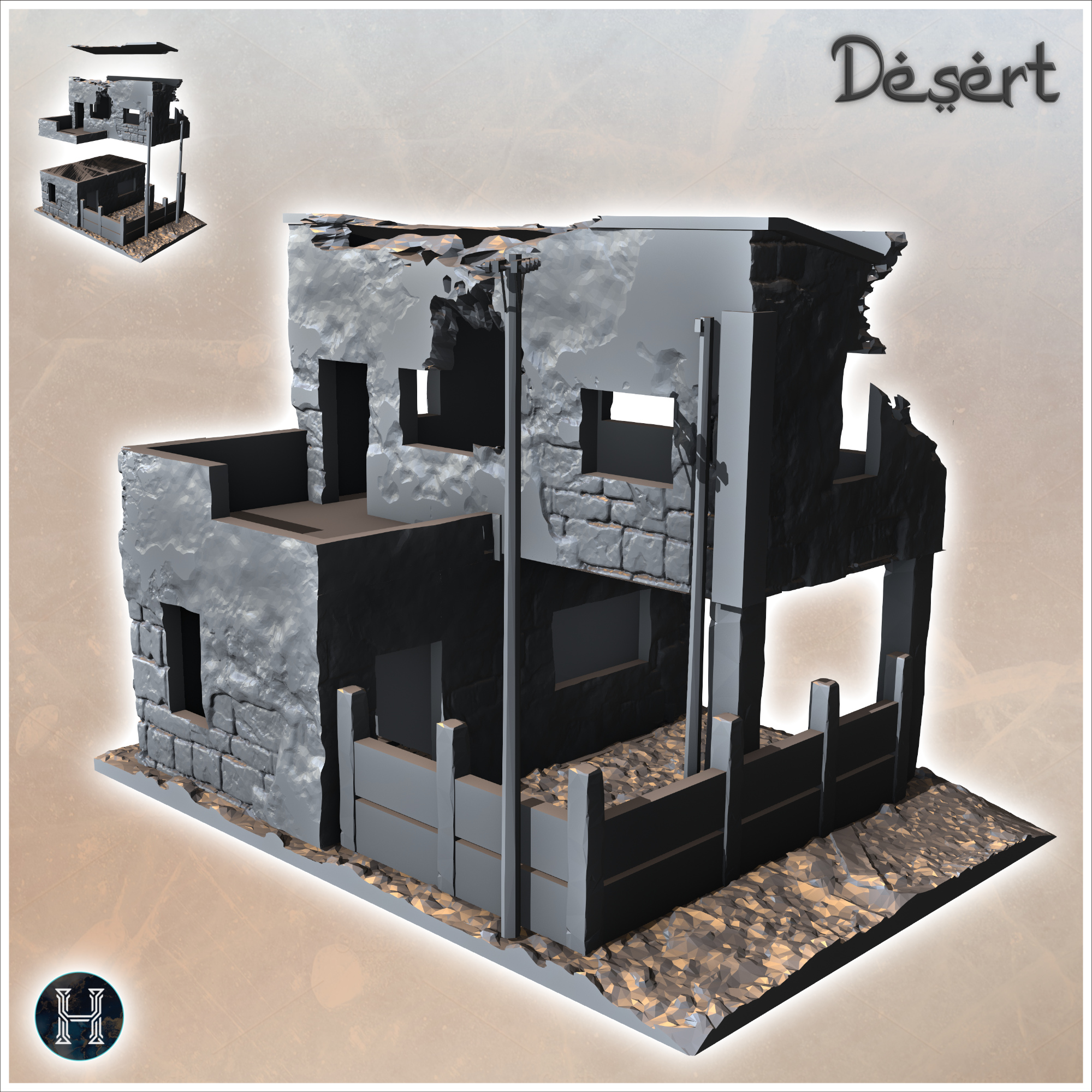 Desert building with enclosure wall, electrical poles, and upstairs terrace (16) - Canyon Sandy Landscape 28mm 15mm RPG DND Nomad Desertland African Middle East