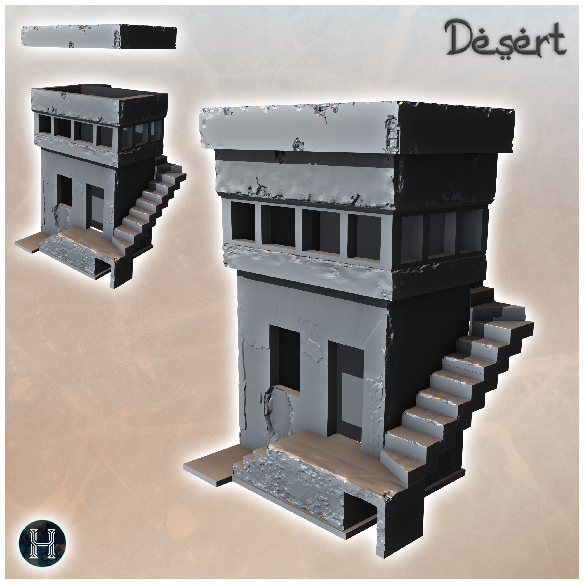 Desert building with exposed external stairs and glazed room upstairs (17) - Canyon Sandy Landscape 28mm 15mm RPG DND Nomad Desertland African Middle East