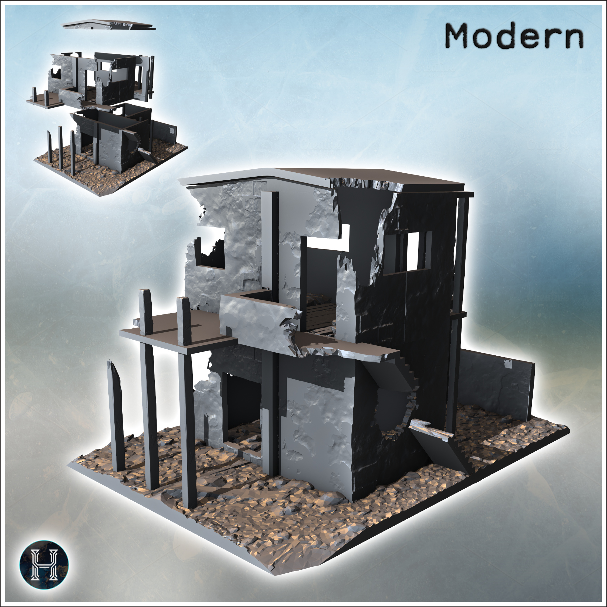 Ruined modern building with external stairs and demolished terrace (18) - Canyon Sandy Landscape 28mm 15mm RPG DND Nomad Desertland African Middle East