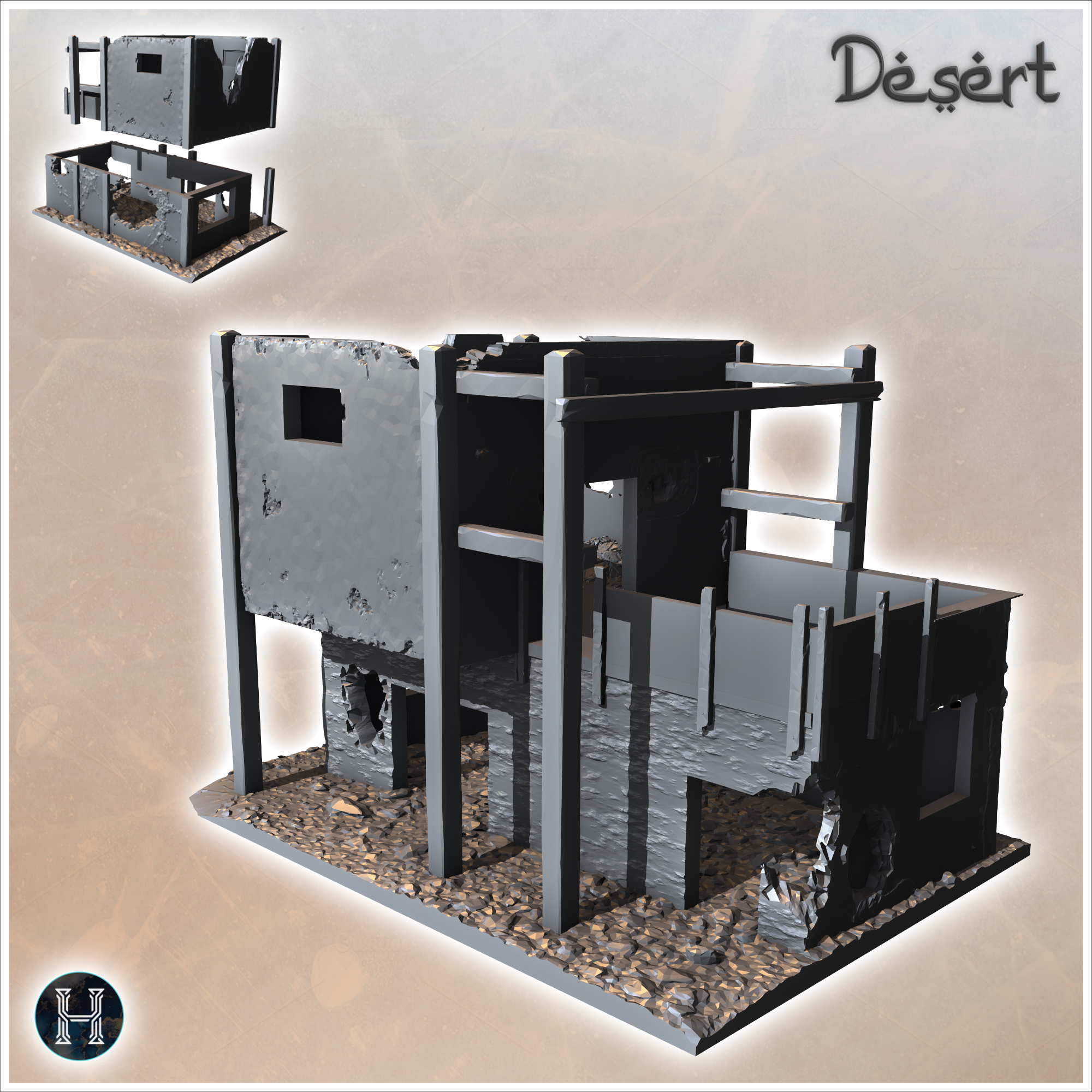 Ruined desert building with wooden frame and intact upstairs terrace (19) - Canyon Sandy Landscape 28mm 15mm RPG DND Nomad Desertland African Middle East