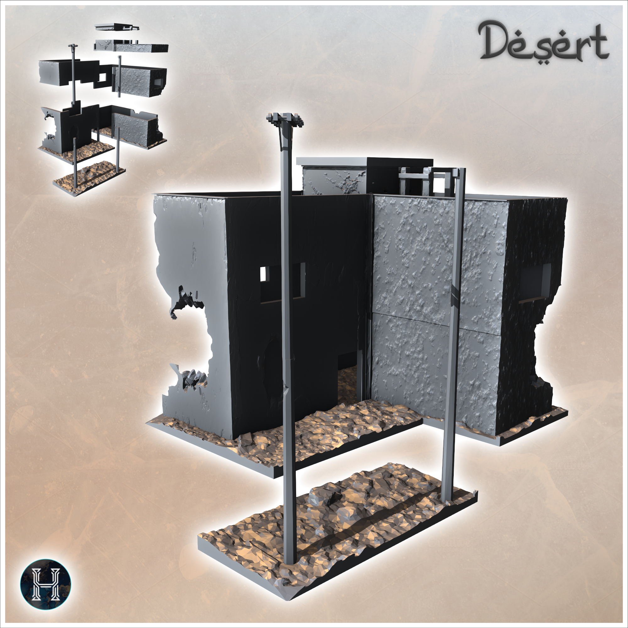 Two-story desert building with flat roof and electrical poles (20) - Canyon Sandy Landscape 28mm 15mm RPG DND Nomad Desertland African Middle East