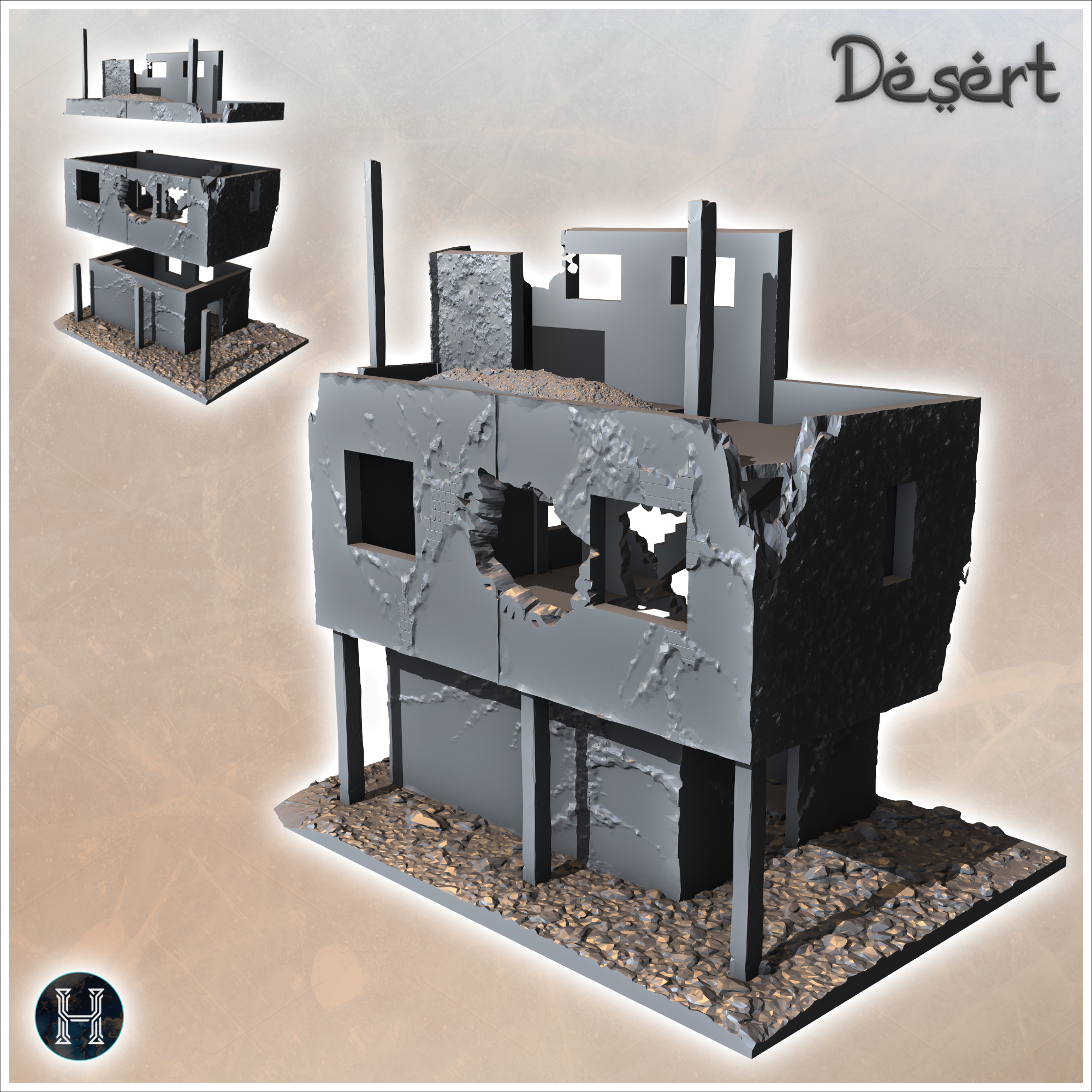 Ruined flat-roofed desert building with wooden pillars (21) - Canyon Sandy Landscape 28mm 15mm RPG DND Nomad Desertland African Middle East