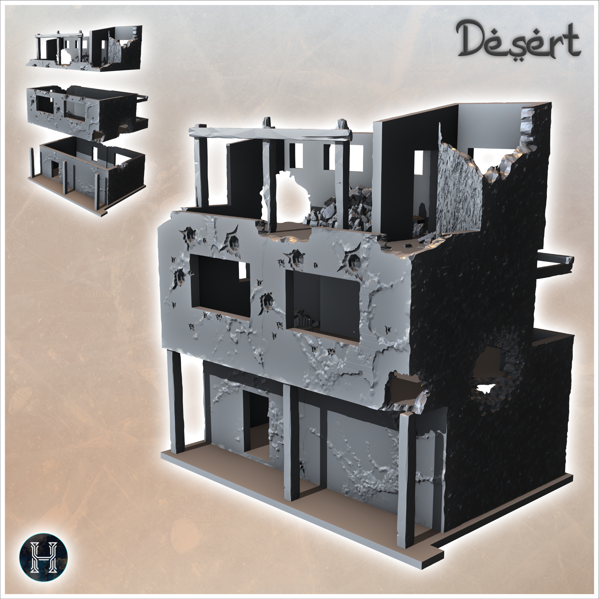 Ruined flat-roofed desert building with wooden pillars, debris, and multiple floors (22) - Canyon Sandy Landscape 28mm 15mm RPG DND Nomad Desertland African Middle East