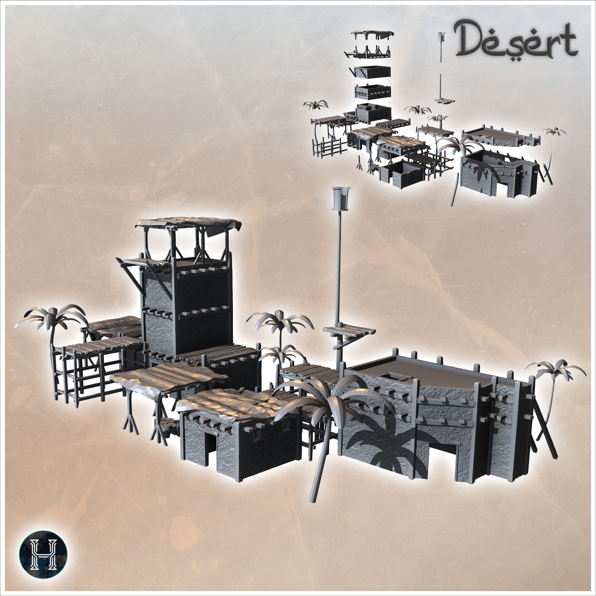 Set of fortified Eastern buildings with palm trees, surveillance towers, and wooden structures (28) - Canyon Sandy Landscape 28mm 15mm RPG DND Nomad Desertland African Middle East