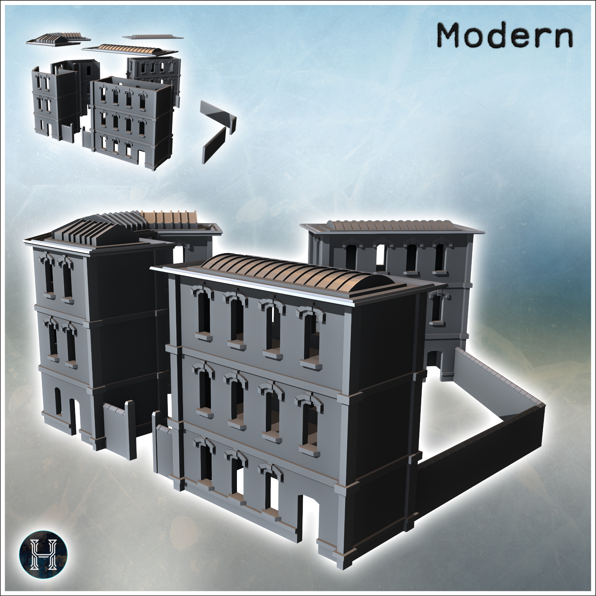 Large rounded multi-story modern building with multiple entrances under canopy (33) - Modern WW2 WW1 World War Diaroma Wargaming RPG Mini Hobby