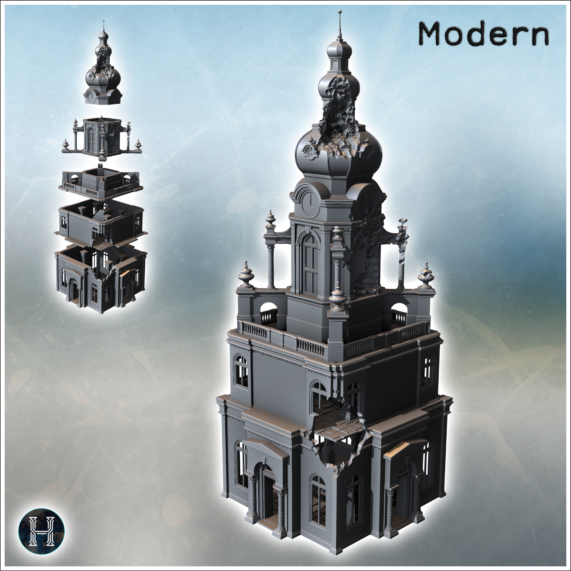 Destroyed Orthodox bell tower in baroque style with column entrances (31) - Modern WW2 WW1 World War Diaroma Wargaming RPG Mini Hobby