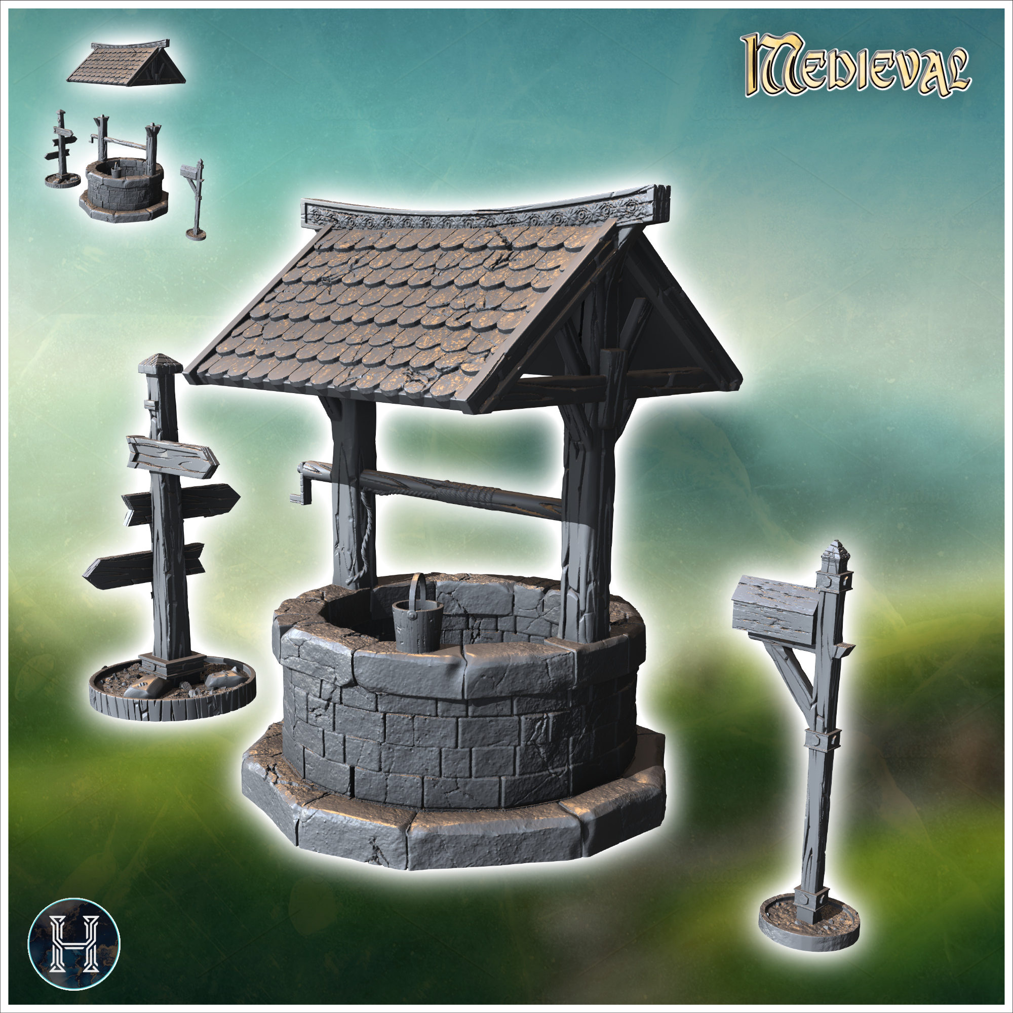 Outdoor accessory set with tile-roofed well, wooden sign and letterbox (4) - Medieval Gothic Feudal Old Archaic Saga 28mm 15mm RPG