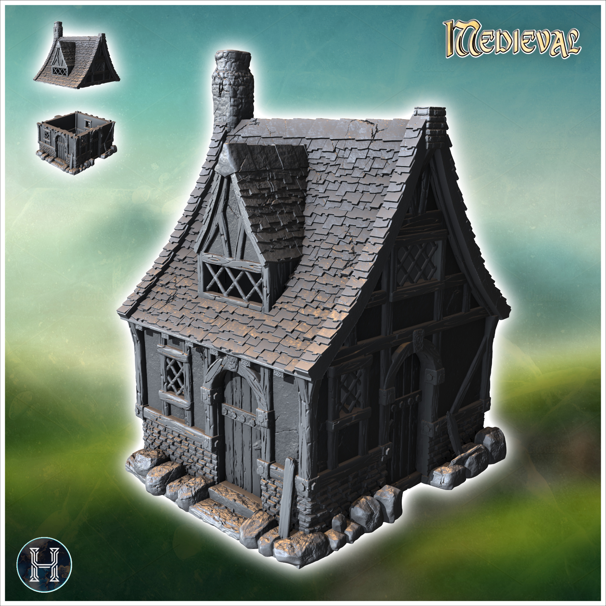 Medieval house with stone base, concave tiled roof and roof window (43) - Medieval Gothic Feudal Old Archaic Saga 28mm 15mm RPG