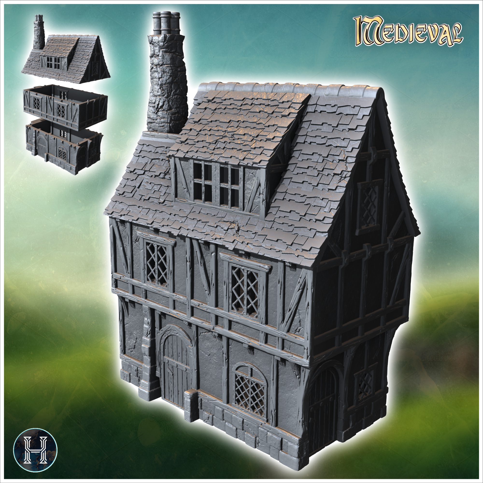 Medieval house with chimney, concave roof and upside-down dormer (45) - Medieval Gothic Feudal Old Archaic Saga 28mm 15mm RPG