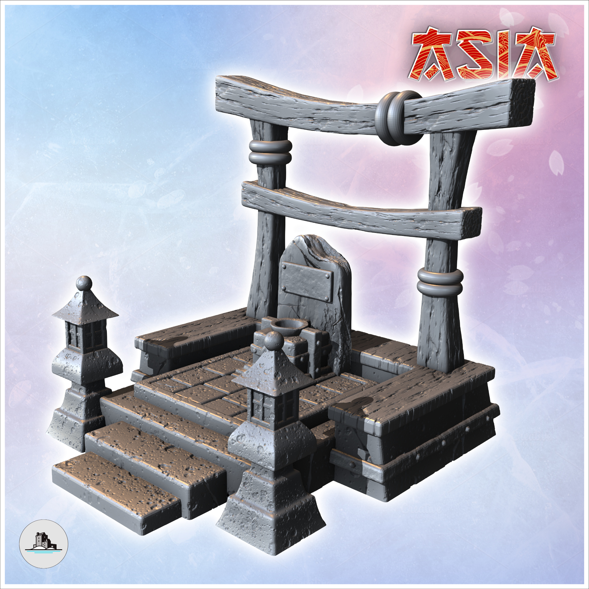 Traditional Asian wood and stone altar with lamps (9) - Asian Asia Oriental Angkor Ninja Traditionnal RPG Mini