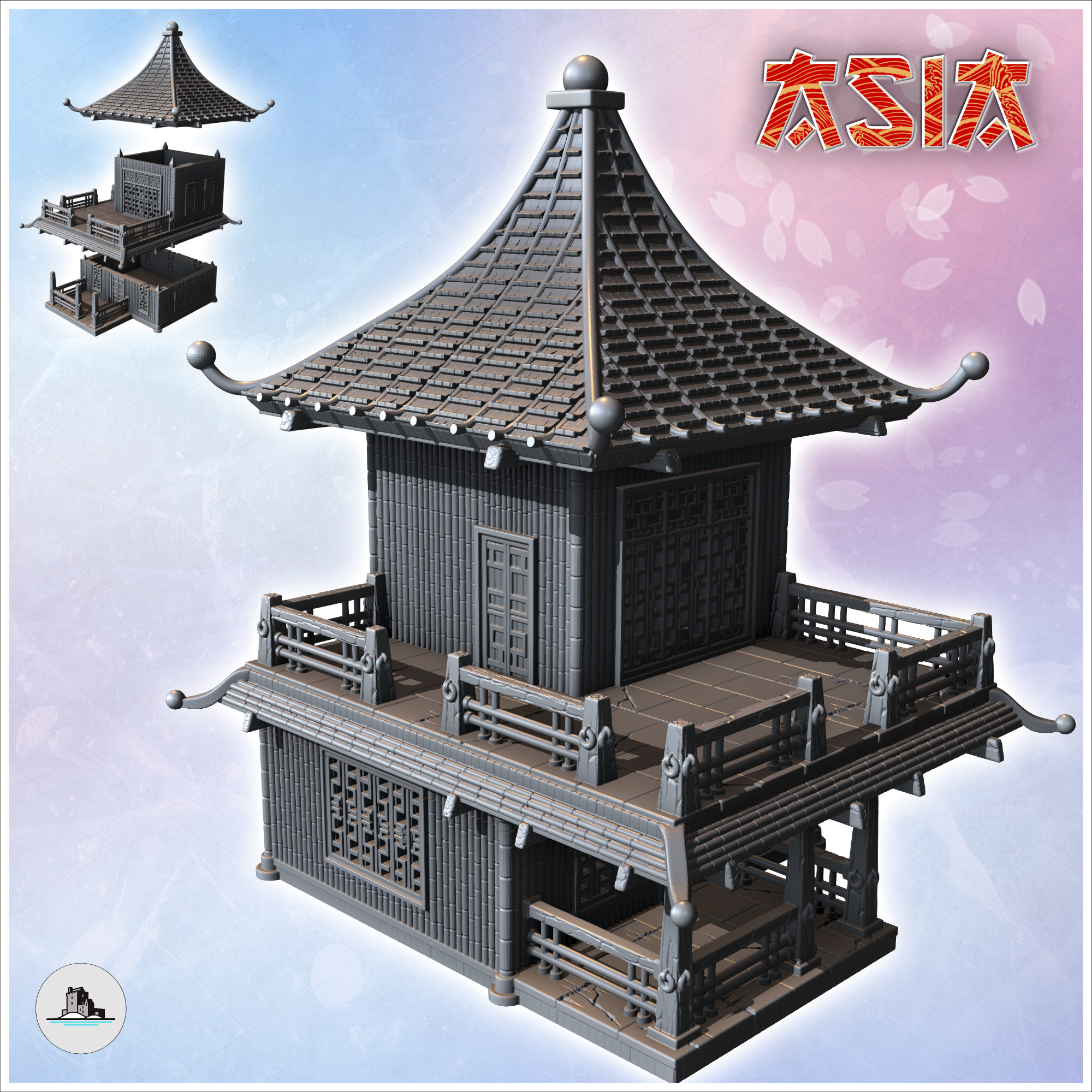 Asian multi-storey building with large balcony and awning (28) - Asian Asia Oriental Angkor Ninja Traditionnal RPG Mini