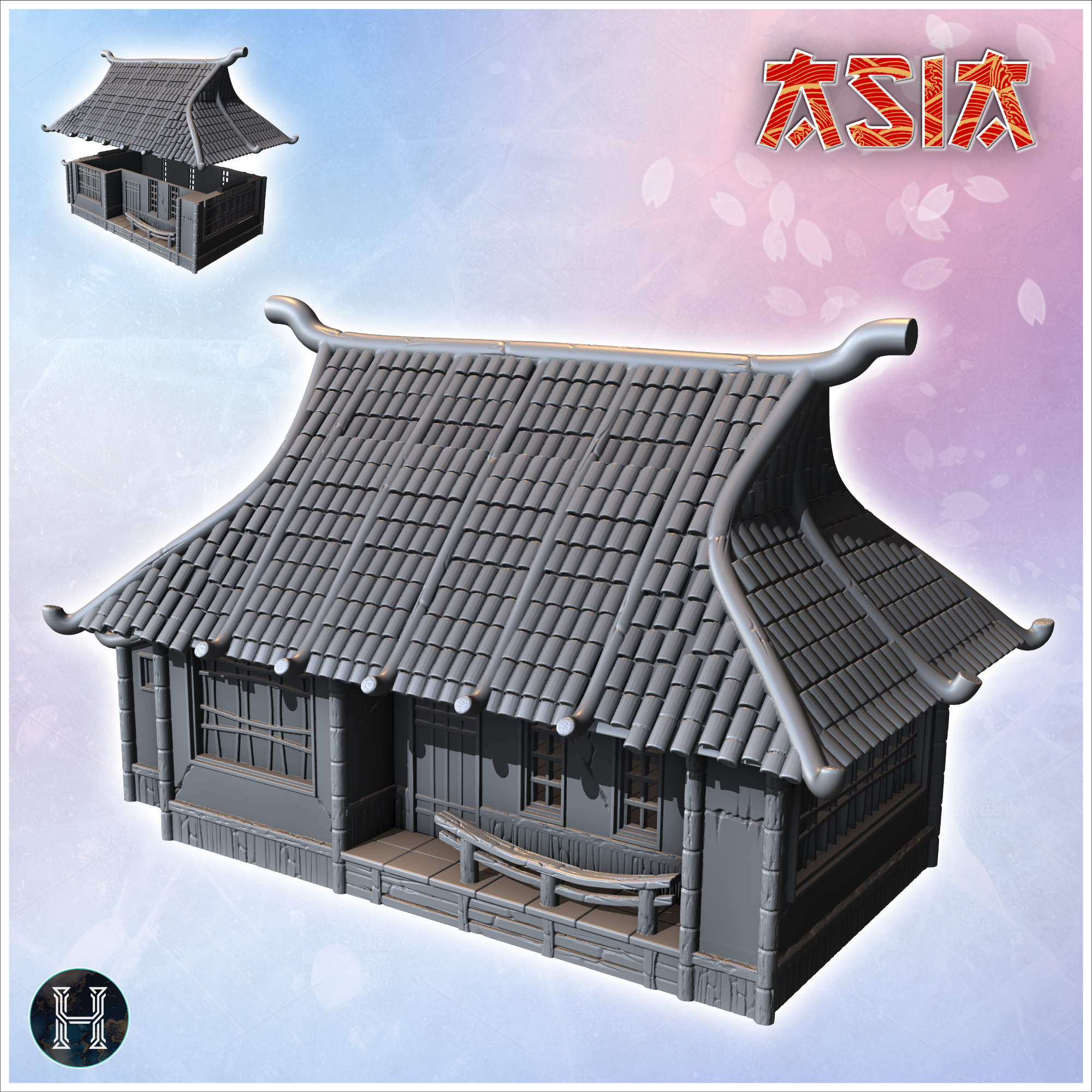 Asian building with entrance awning and rounded railing (29) - Asian Asia Oriental Angkor Ninja Traditionnal RPG Mini