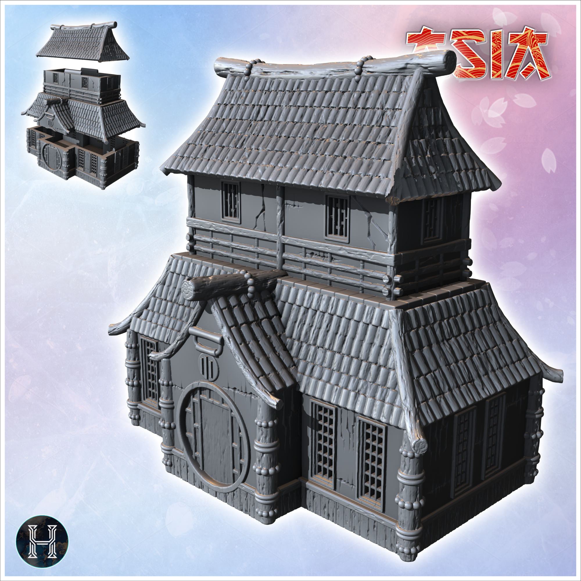 Large multi-storey Asian building with round door entrance (31) - Asian Asia Oriental Angkor Ninja Traditionnal RPG Mini
