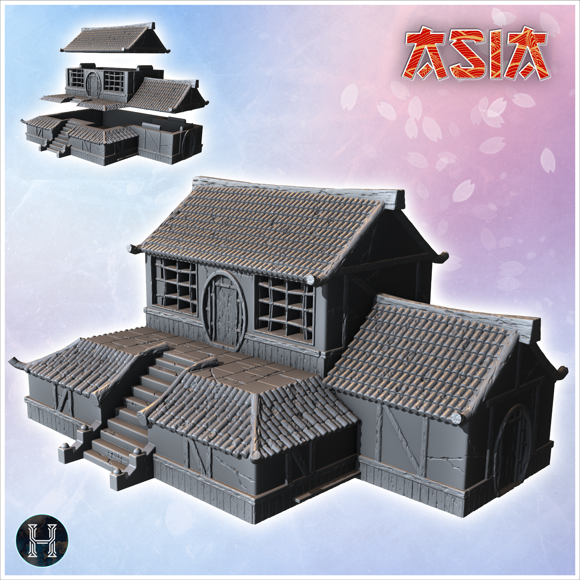 Large Asian building with multi-storey round door and grand staircase (34) - Asian Asia Oriental Angkor Ninja Traditionnal RPG Mini