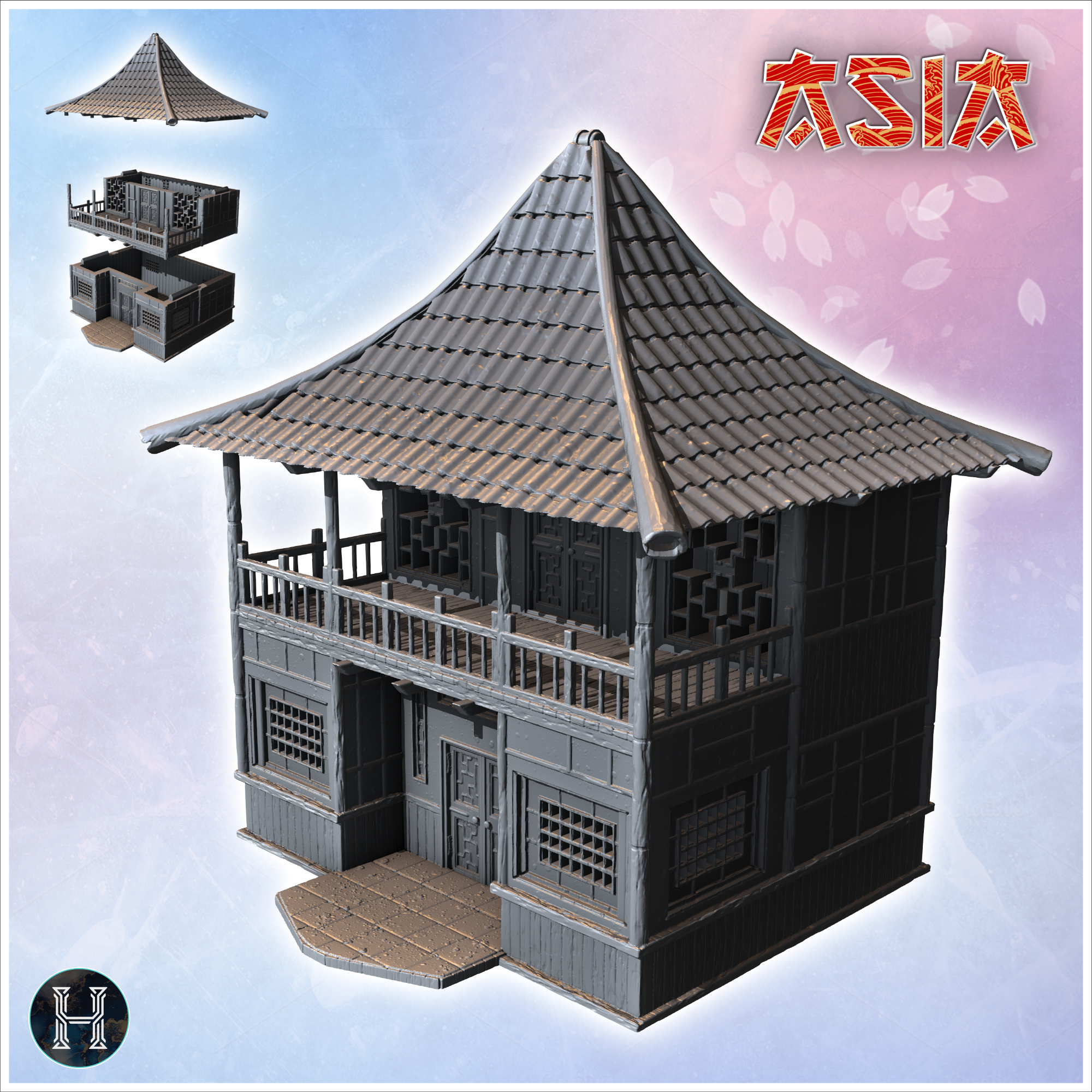 Single-storey Asian house with large railed terrace and stone platform in front of door (35) - Asian Asia Oriental Angkor Ninja Traditionnal RPG Mini