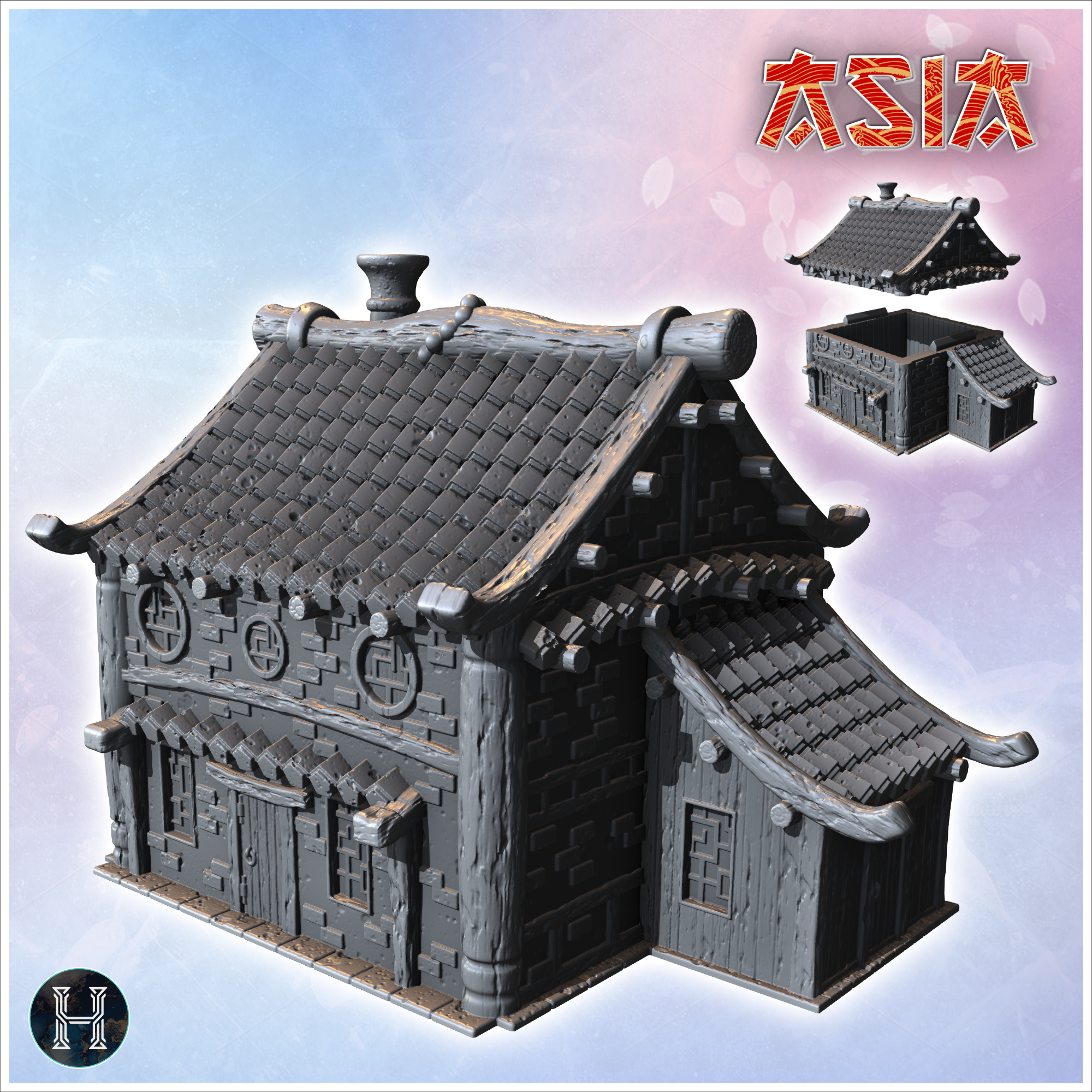 Single-storey Asian building with side annex and wooden door (36) - Asian Asia Oriental Angkor Ninja Traditionnal RPG Mini
