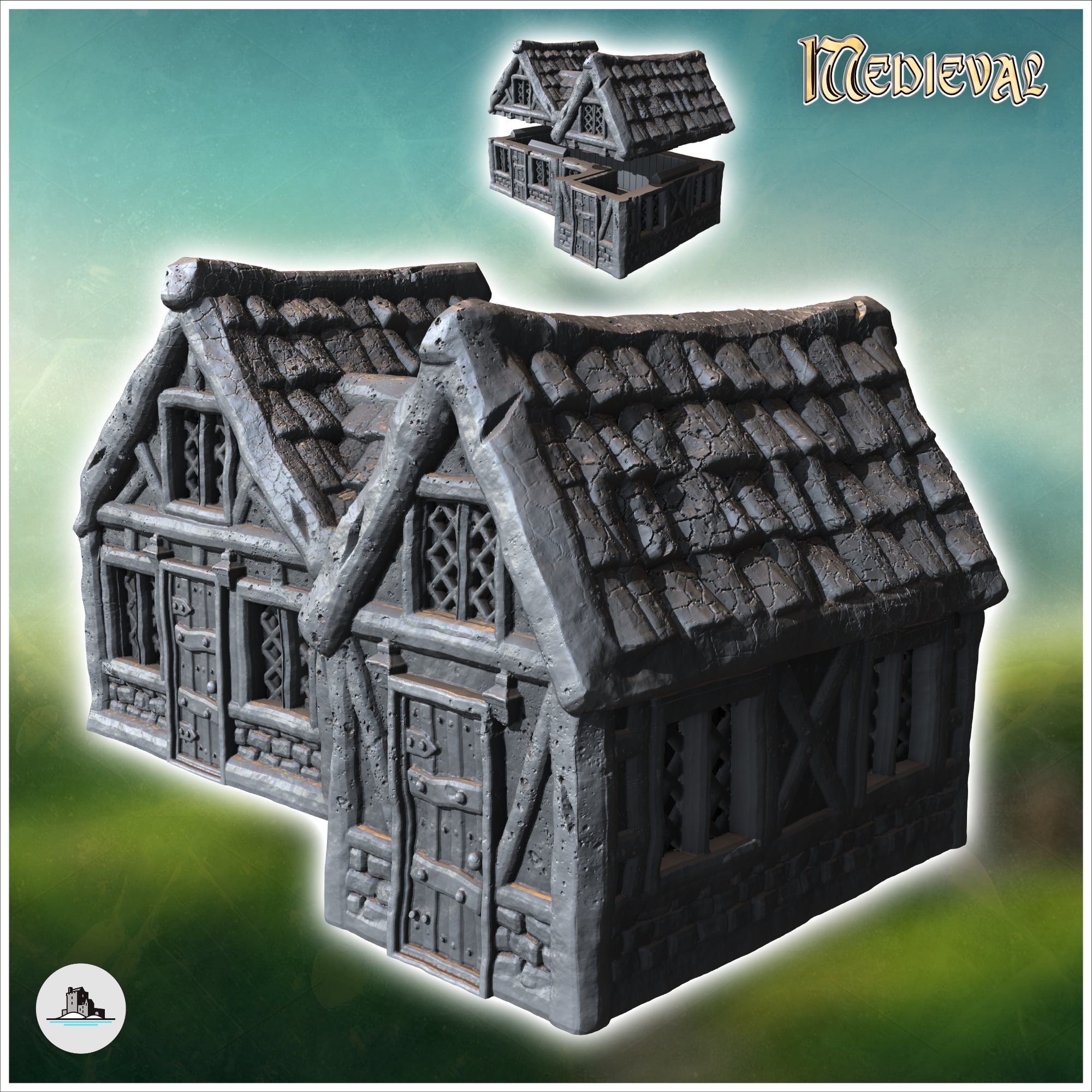 Medieval building with multiple wooden doors, half-timbered walls and tiled roofs (22) - Medieval Gothic Feudal Old Archaic Saga 28mm 15mm RPG