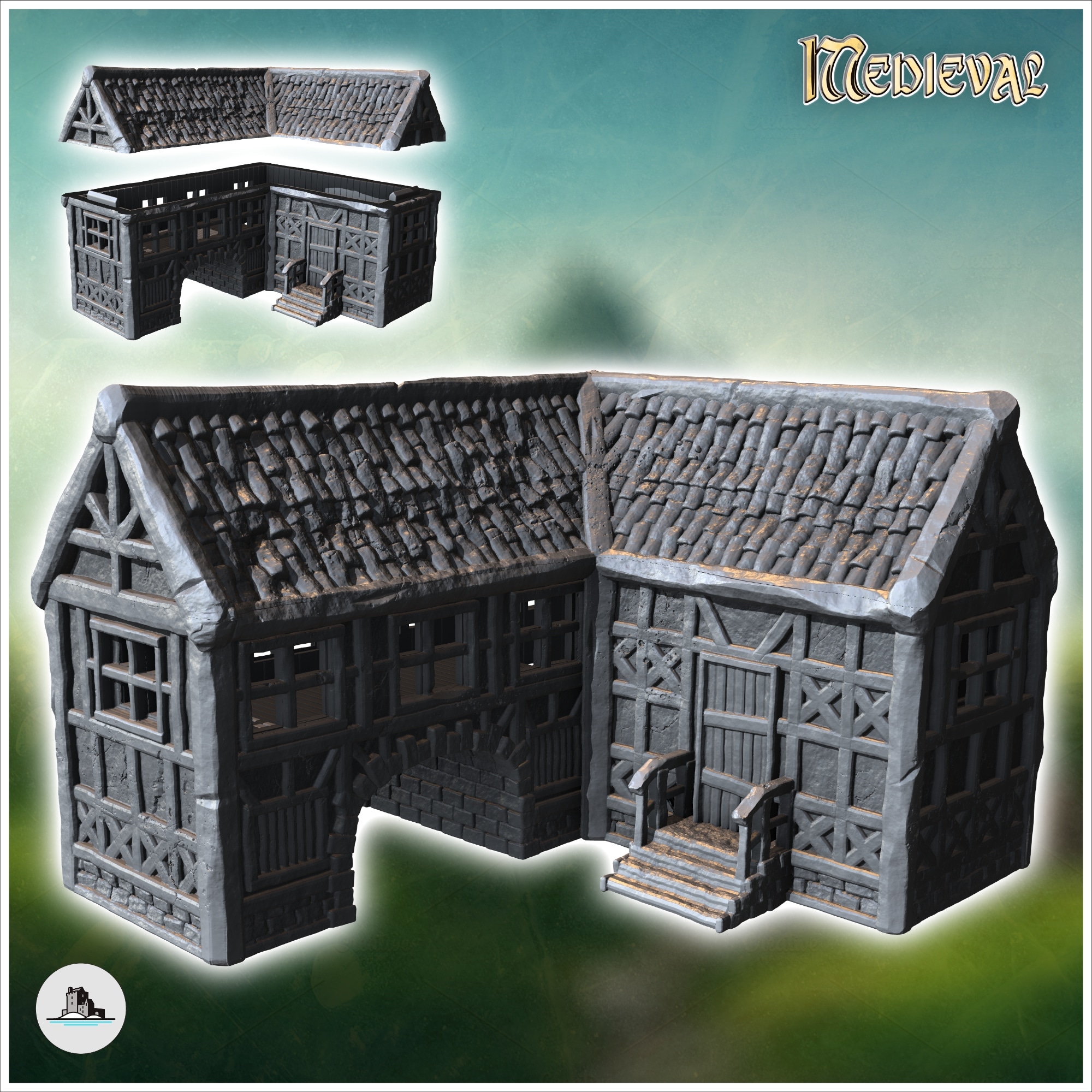 Medieval half-timbered building on stone platform with large archway and railed staircase (24) - Medieval Gothic Feudal Old Archaic Saga 28mm 15mm RPG