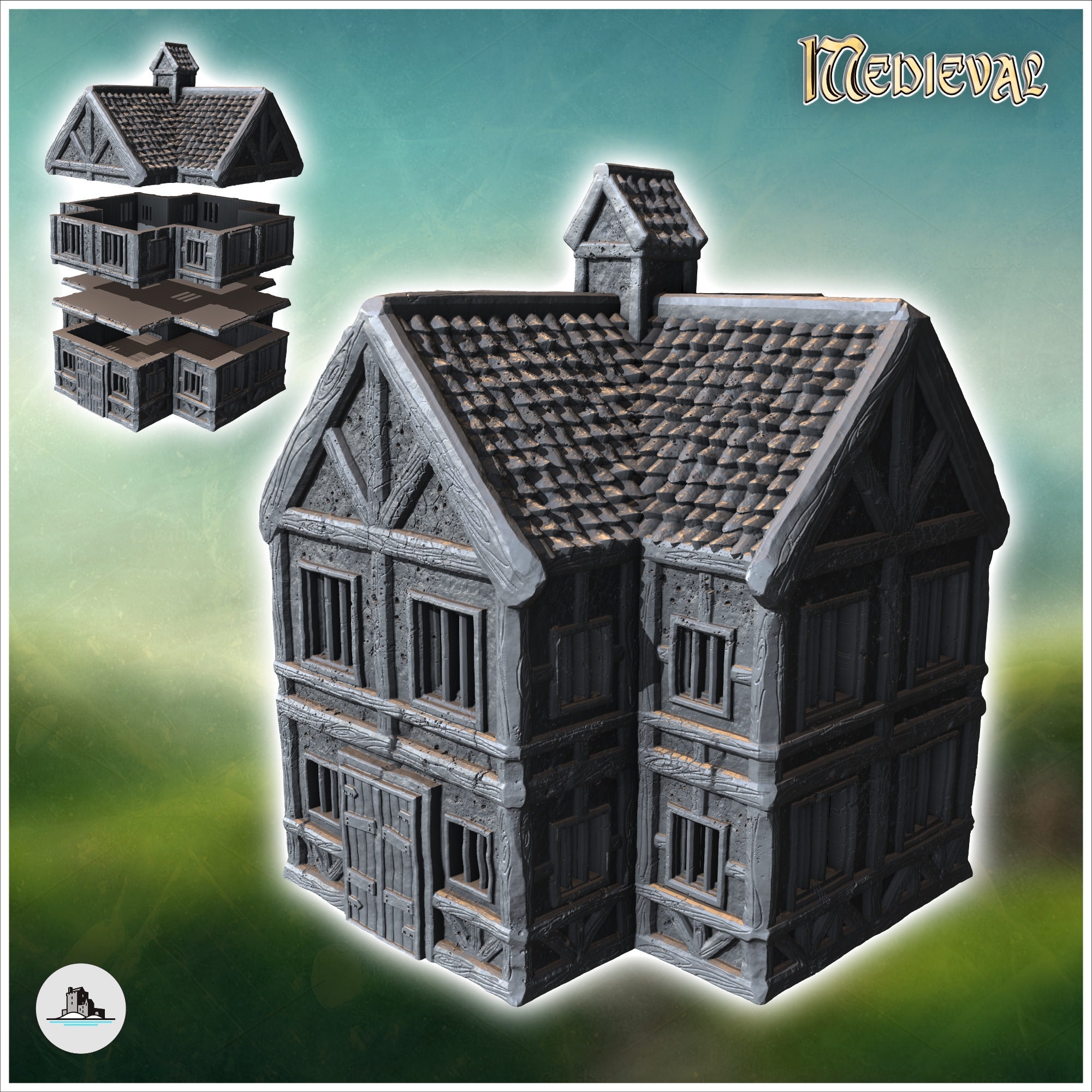 Medieval house with half-timbered walls, central fireplace and large wooden entrance door (25) - Medieval Gothic Feudal Old Archaic Saga 28mm 15mm RPG