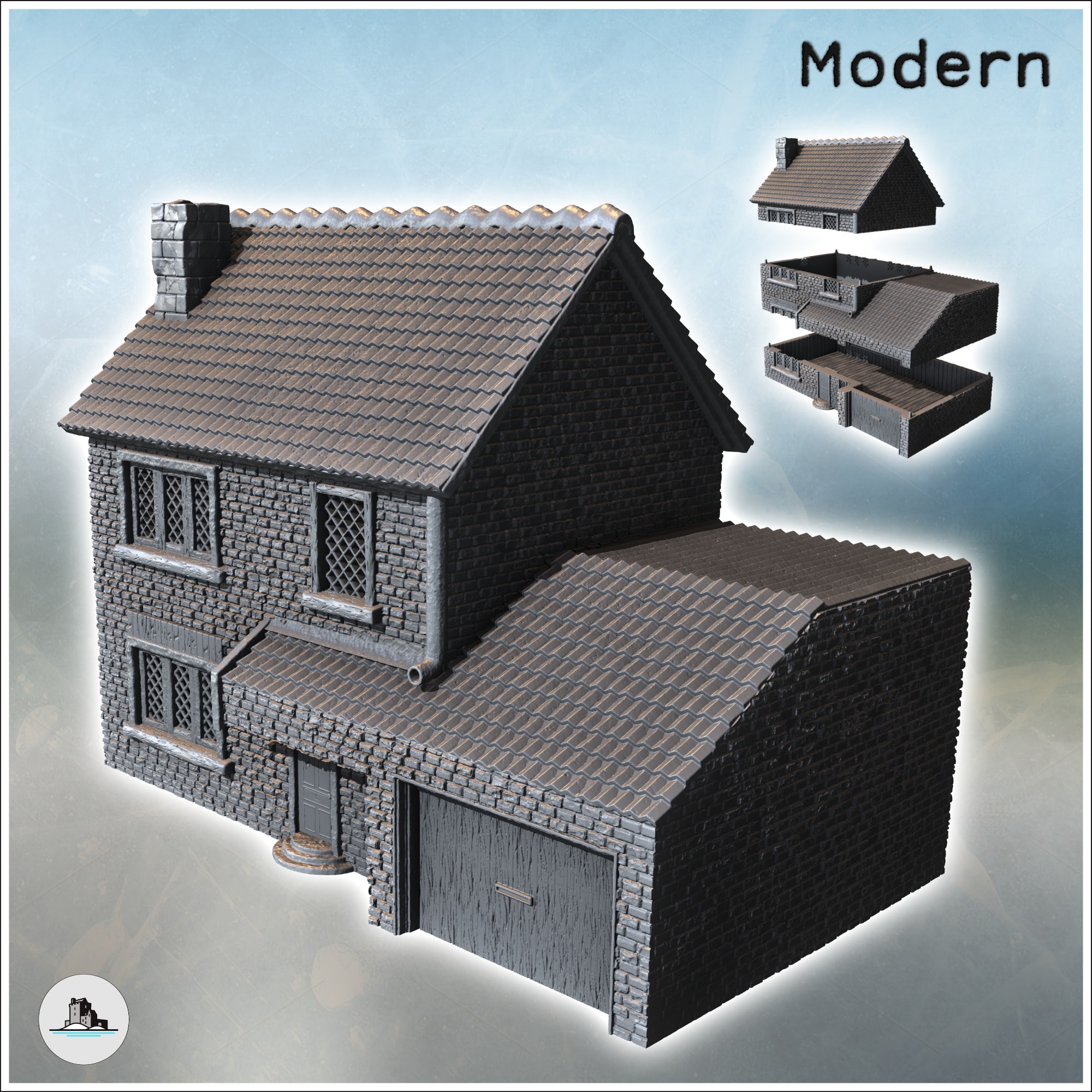 Modern house with tiled roof, stone walls and large garage door (5) - Modern WW2 WW1 World War Diaroma Wargaming RPG Mini Hobby