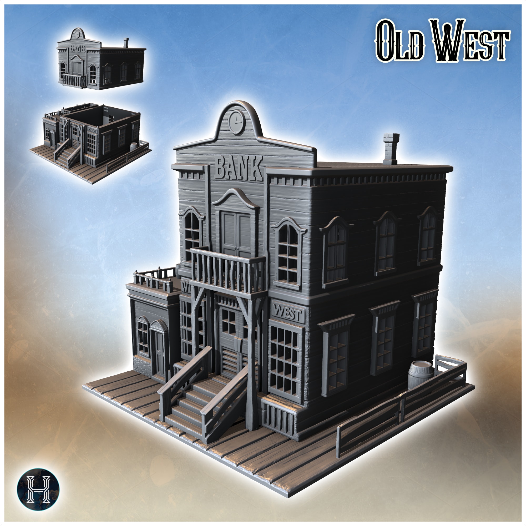Western wood-plank bank with access stairs and side balcony (2) - Cowboy USA America ACW American Civil War History Historical