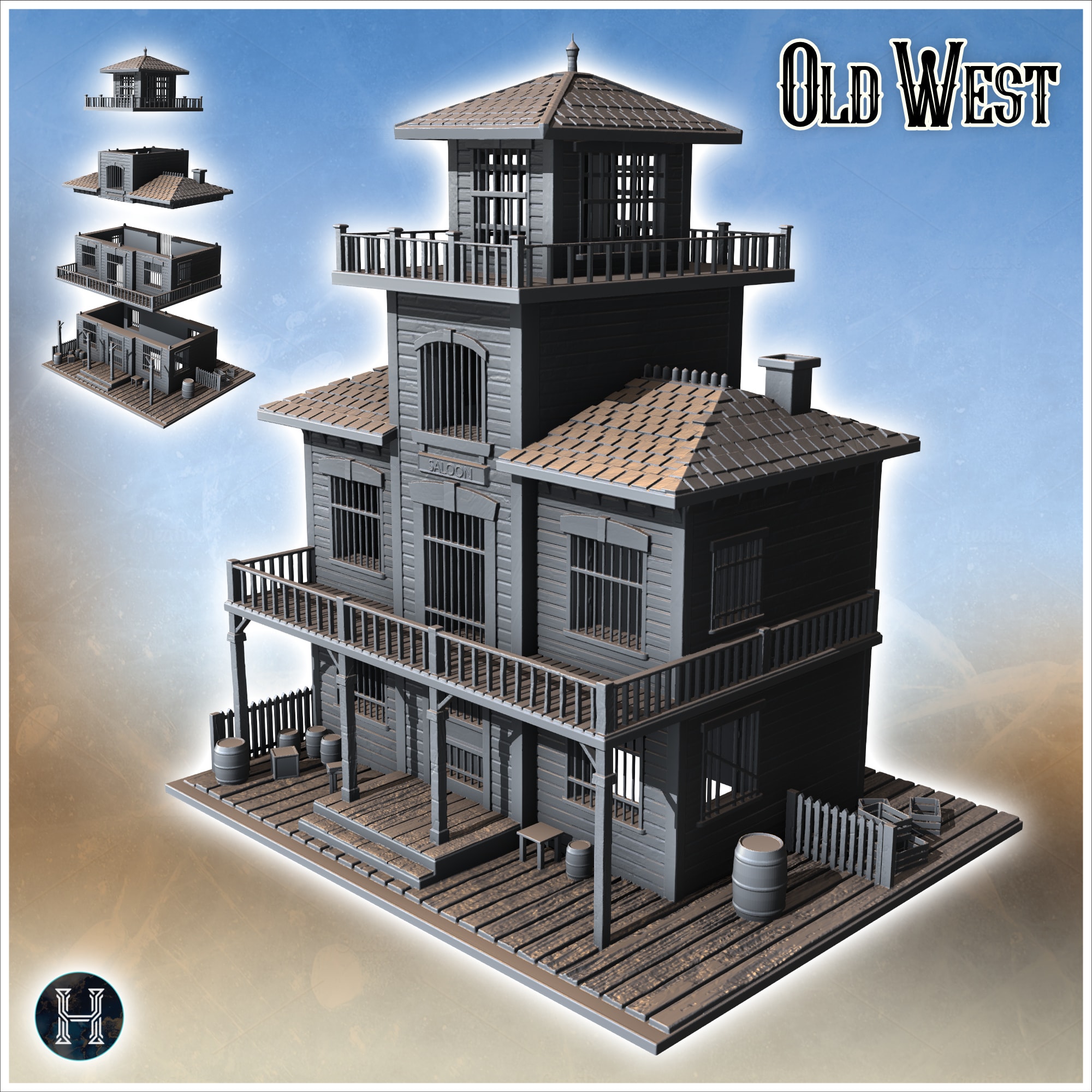 Western saloon with awning entrance, tiered balcony, tile roof and accessories (3) - Cowboy USA America ACW American Civil War History Historical