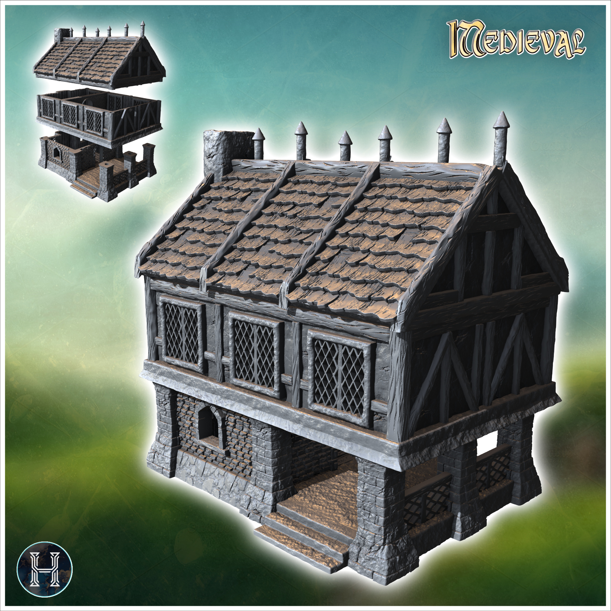 Medieval building with paned window, large access canopy and roof spikes (3) - Medieval Gothic Feudal Old Archaic Saga 28mm 15mm RPG