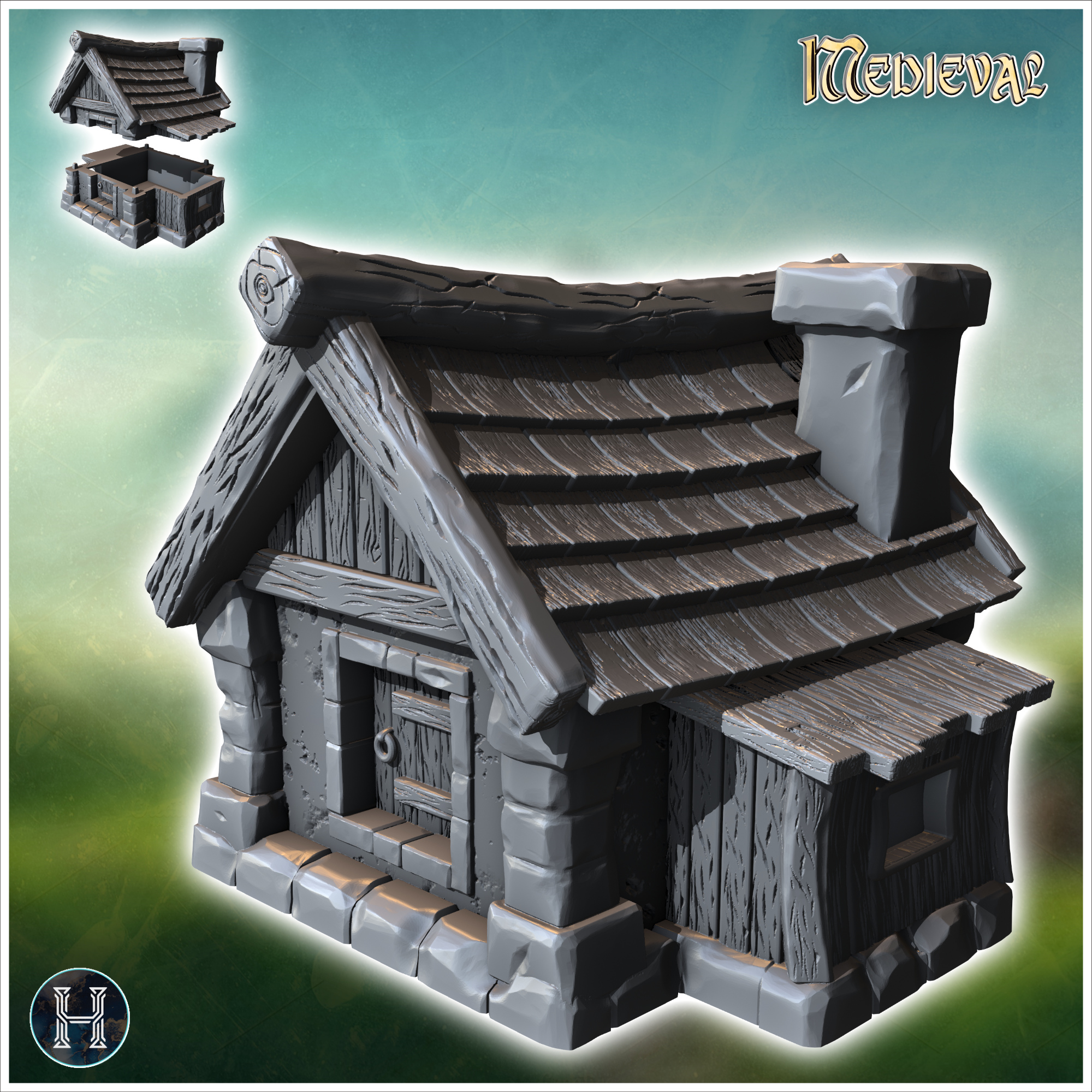 Medieval house with chimney in roof and annex with side window (11) - Medieval Gothic Feudal Old Archaic Saga 28mm 15mm RPG