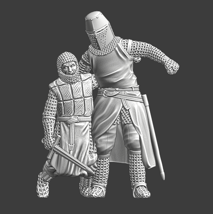 Medieval knight helping wounded crusader brother