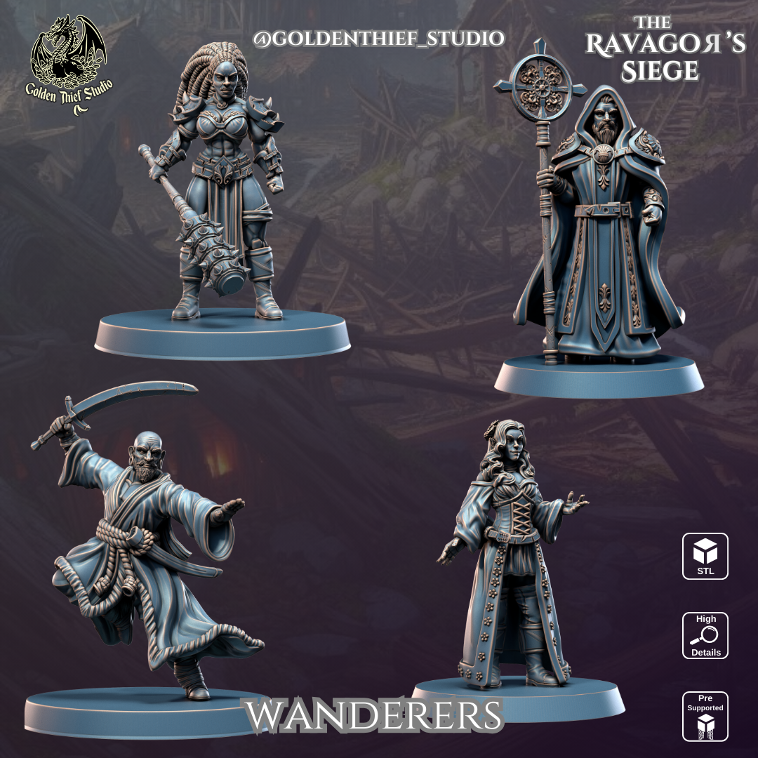Wanderers | 3D Printable STL (Bard,Cleric,Monk,Barbarian) Heroes for Wargames & RPGs
