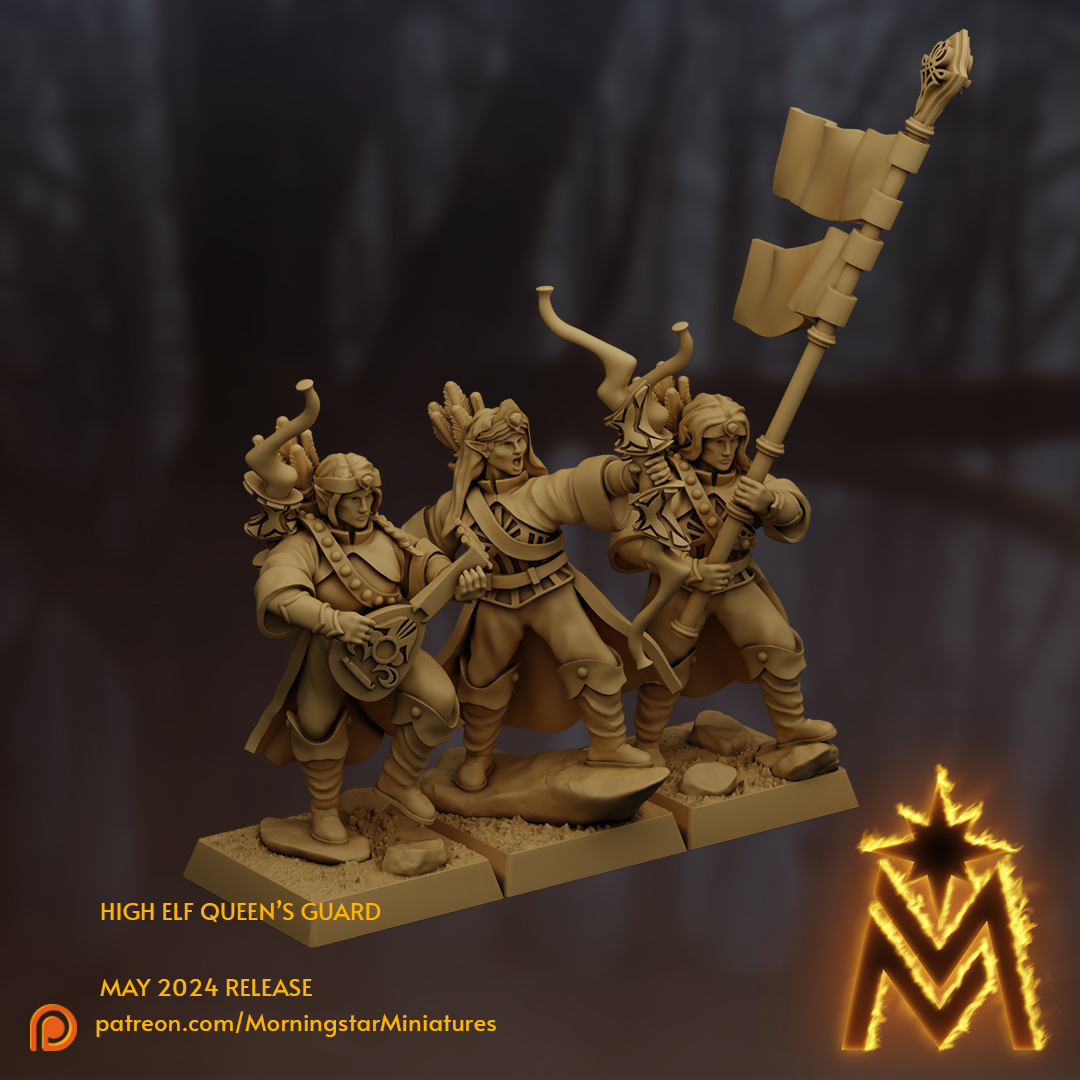 High Elf Queen’s Guard Command Group | 32mm Scale Presupported