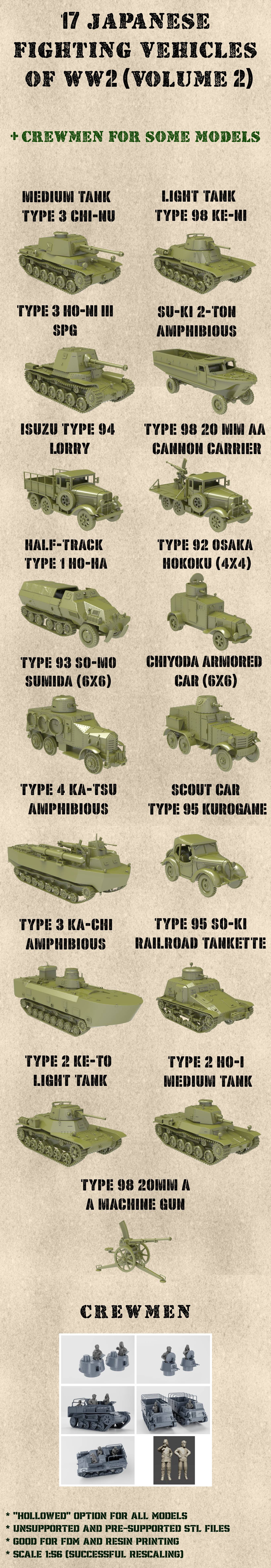 STL PACK - 17 JAPANESE Fighting vehicles of WW2 + 2 Tankmen (VOLUME 2, Scale 1:56) - PERSONAL USE