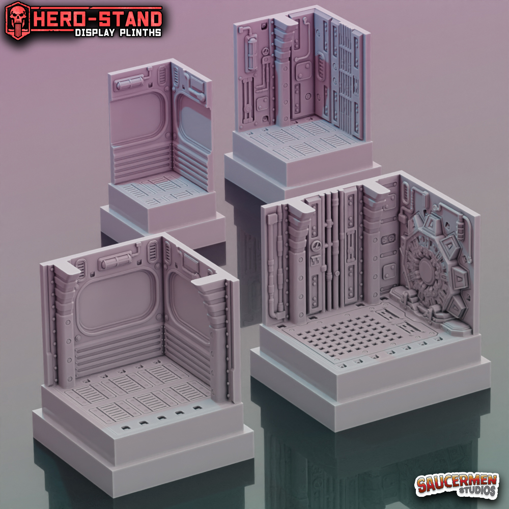 Hero-Stand Display Plinths – Retro Bunker Theme (Square)