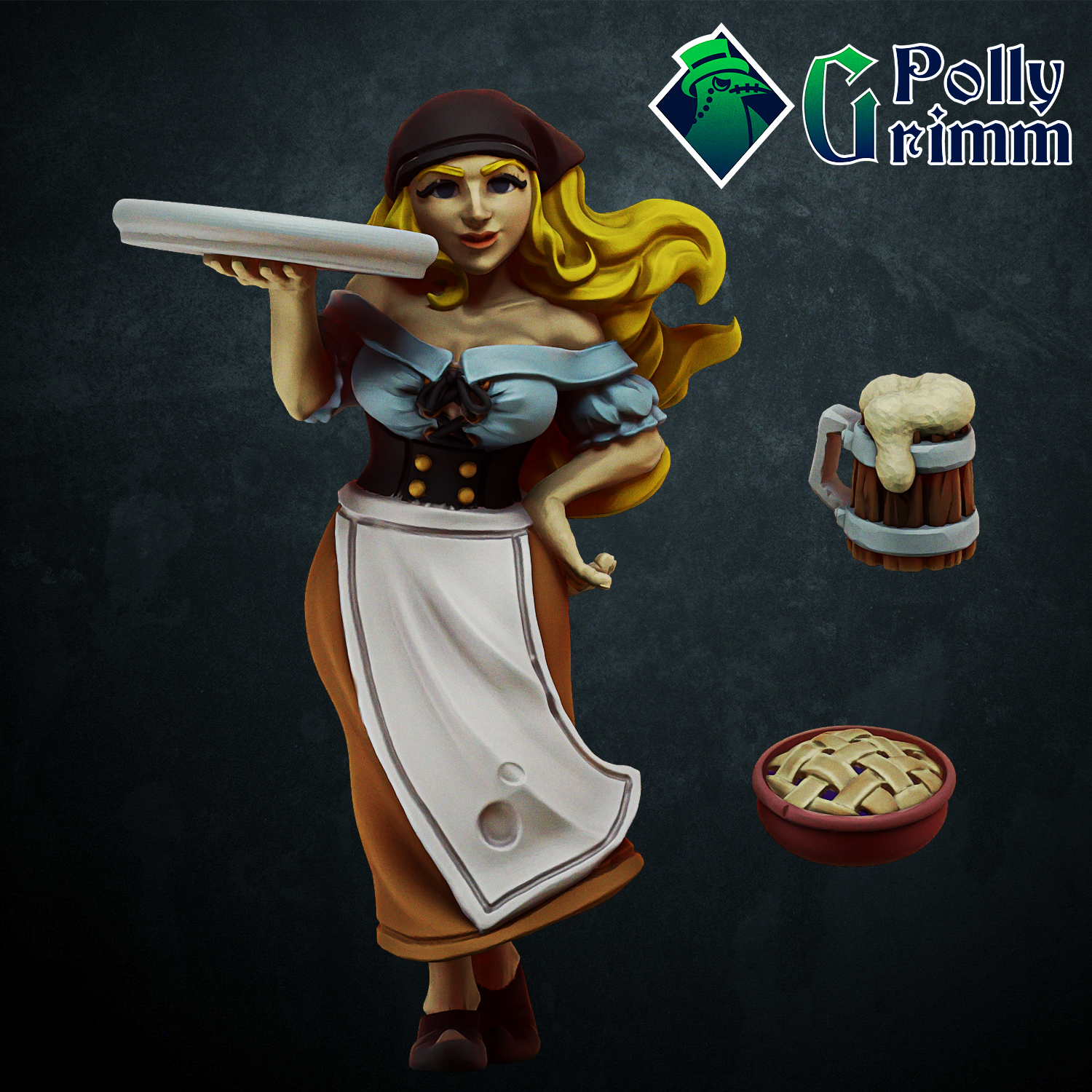 Fantasy and historic miniatures for tabletop games. Human Barmaid, tavern girl with beer and pie