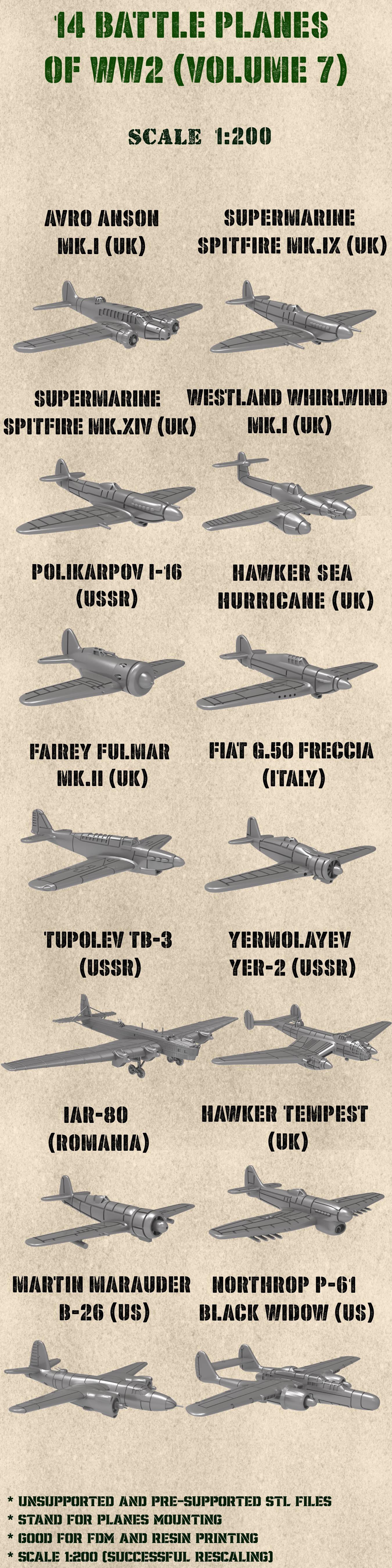 STL PACK - 14 Battle planes of WW2 (Volume 7, 1:200) - PERSONAL USE